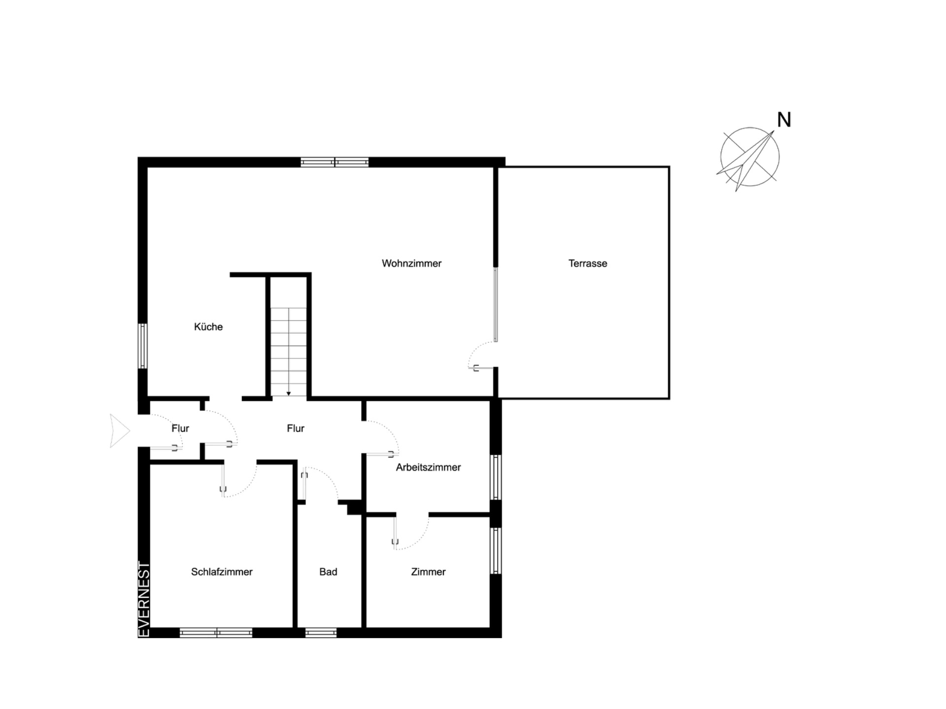 Grundriss einer Wohnung mit Wohnzimmer, Küche, Schlafzimmer, Bad, Arbeitszimmer, Zimmer und Terrasse.