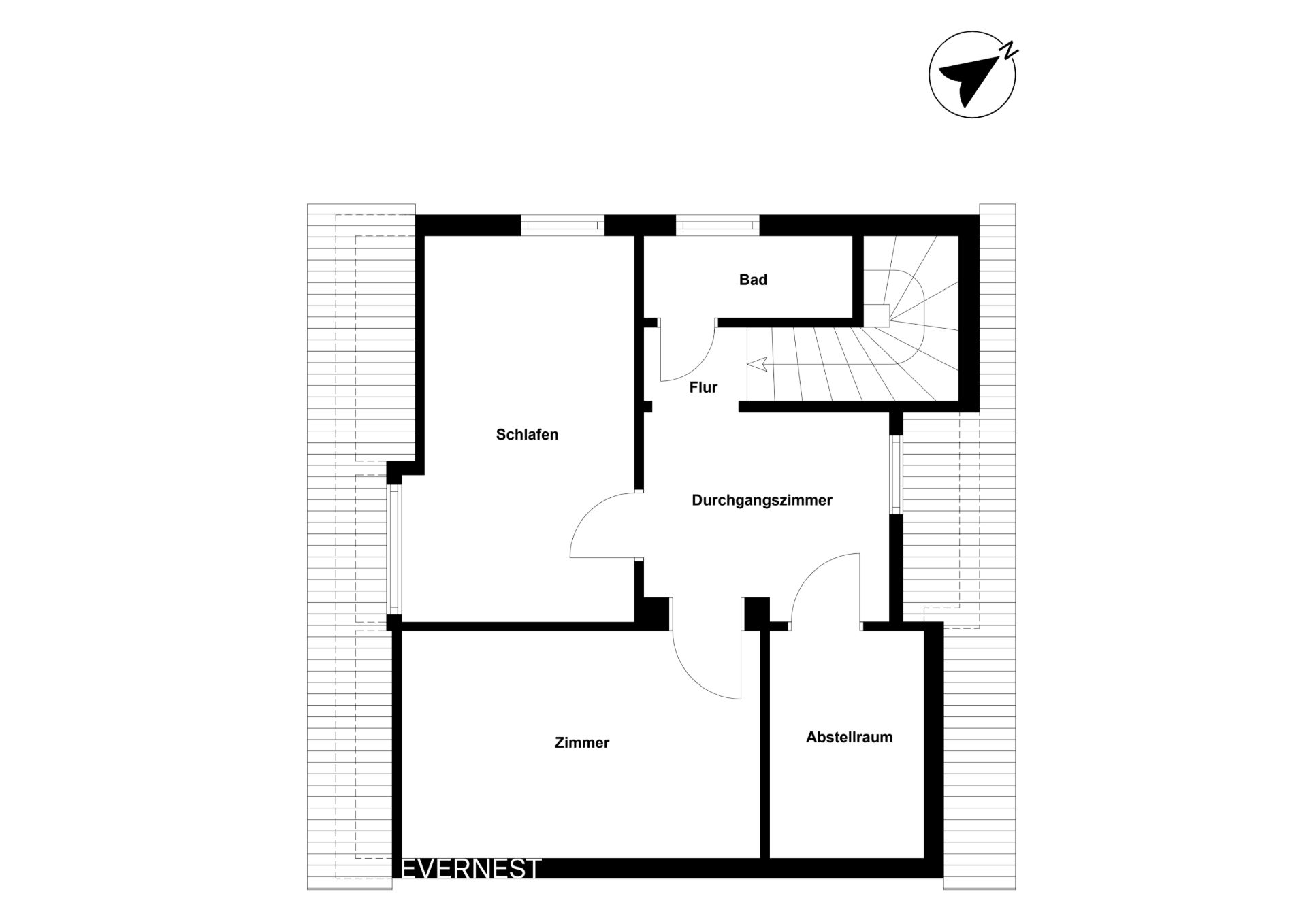 Grundriss mit Schlafzimmer, Bad, Flur, Durchgangszimmer, Zimmer und Abstellraum.