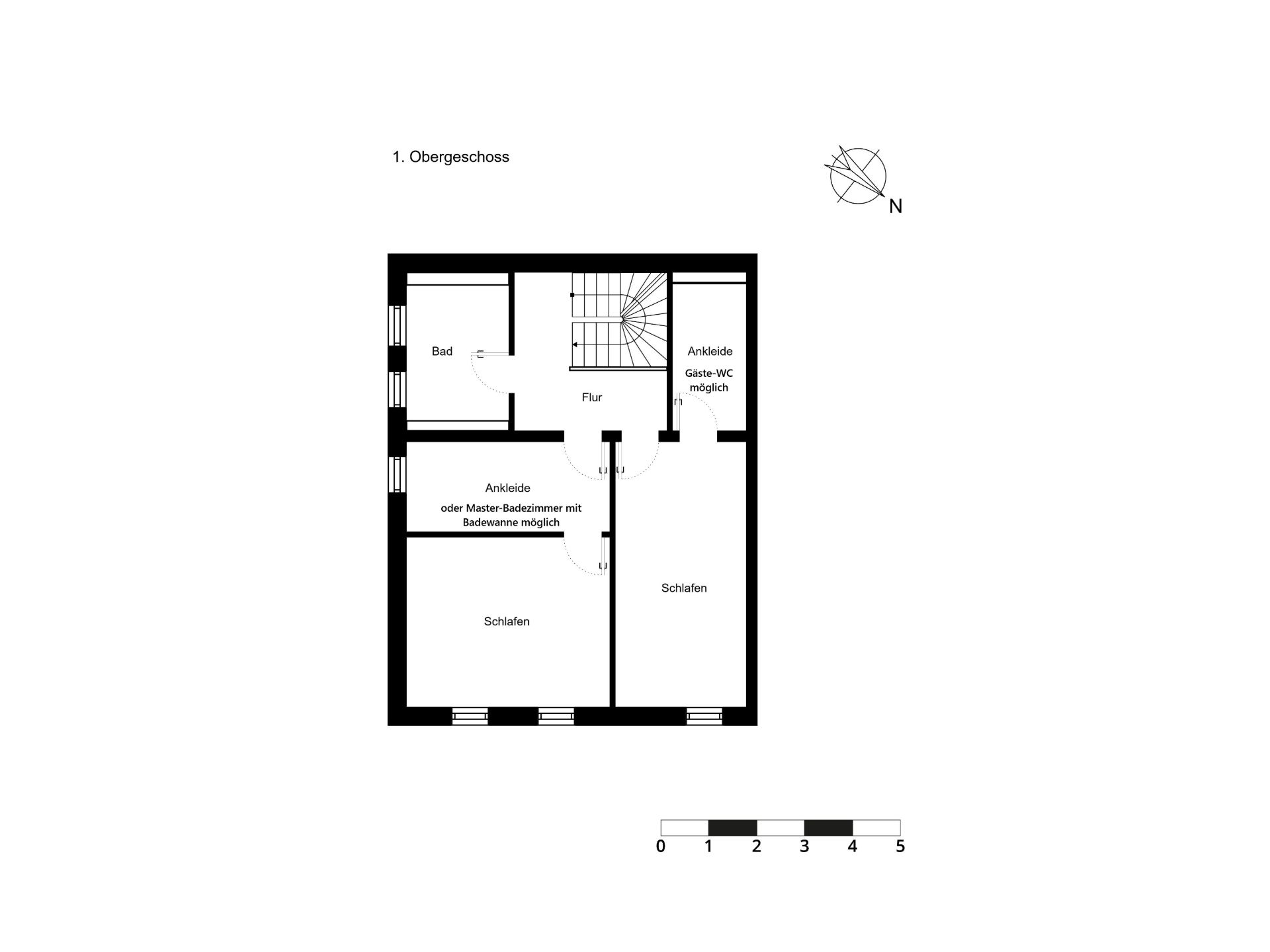 Grundriss des ersten Obergeschosses mit Schlafzimmern, Bad, Flur und Ankleidezimmern.
