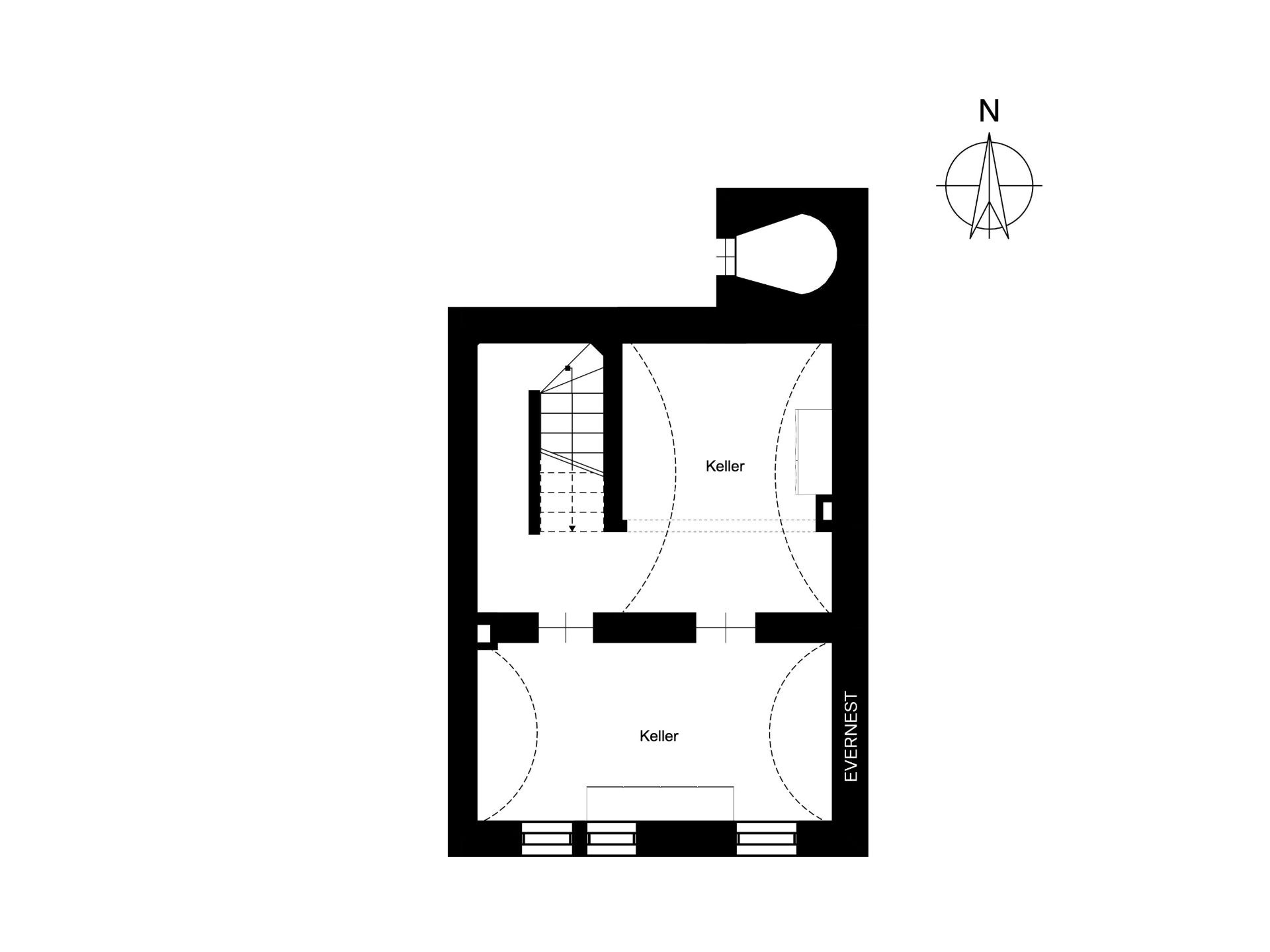 Grundriss eines Kellers mit zwei Kellerräumen und einer Treppe.