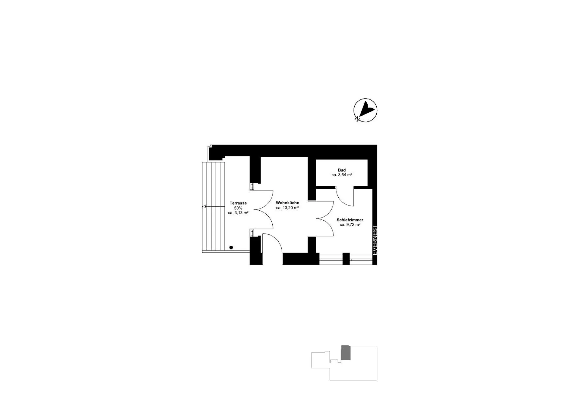 Grundriss mit Wohnküche, Schlafzimmer, Bad und Terrasse.