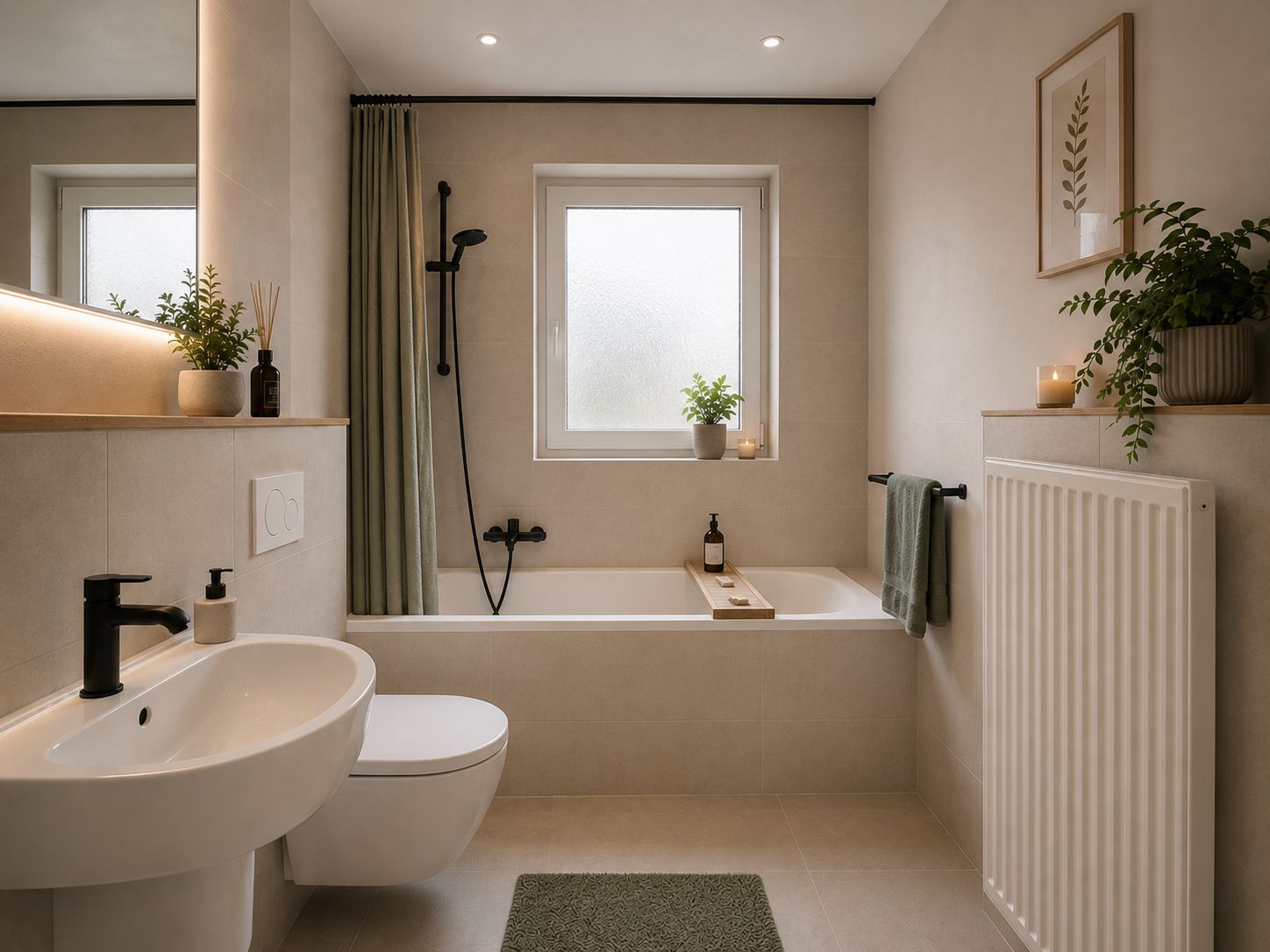 Modernes Badezimmer mit Badewanne, Waschbecken, WC, Fenster und Pflanzen auf Ablagen.