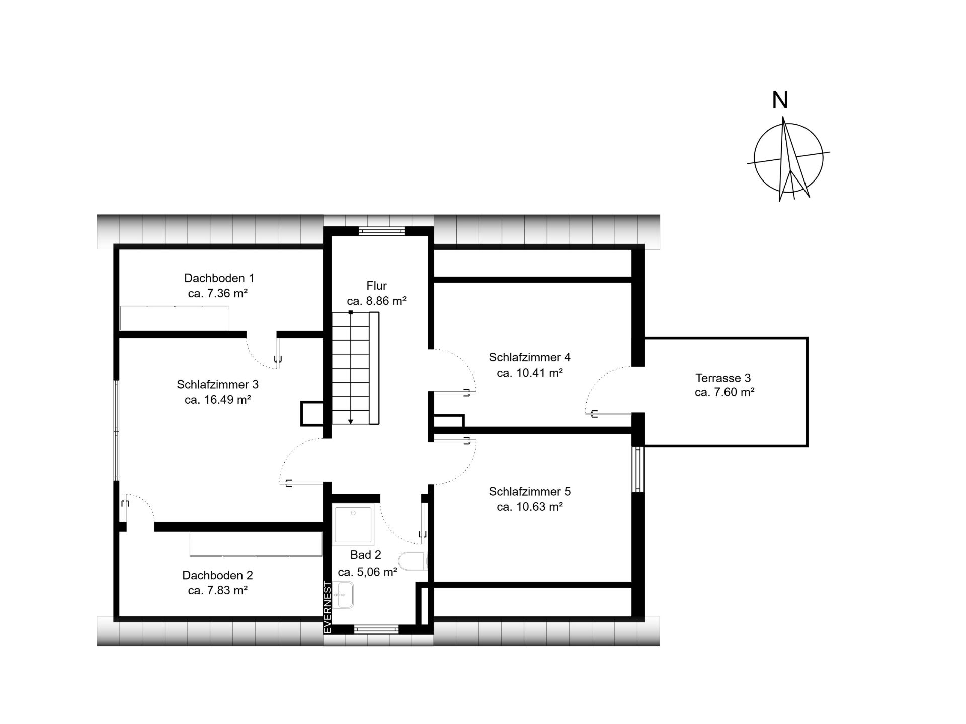 Grundriss mit drei Schlafzimmern, Bad, Flur, zwei Dachböden und Terrasse.