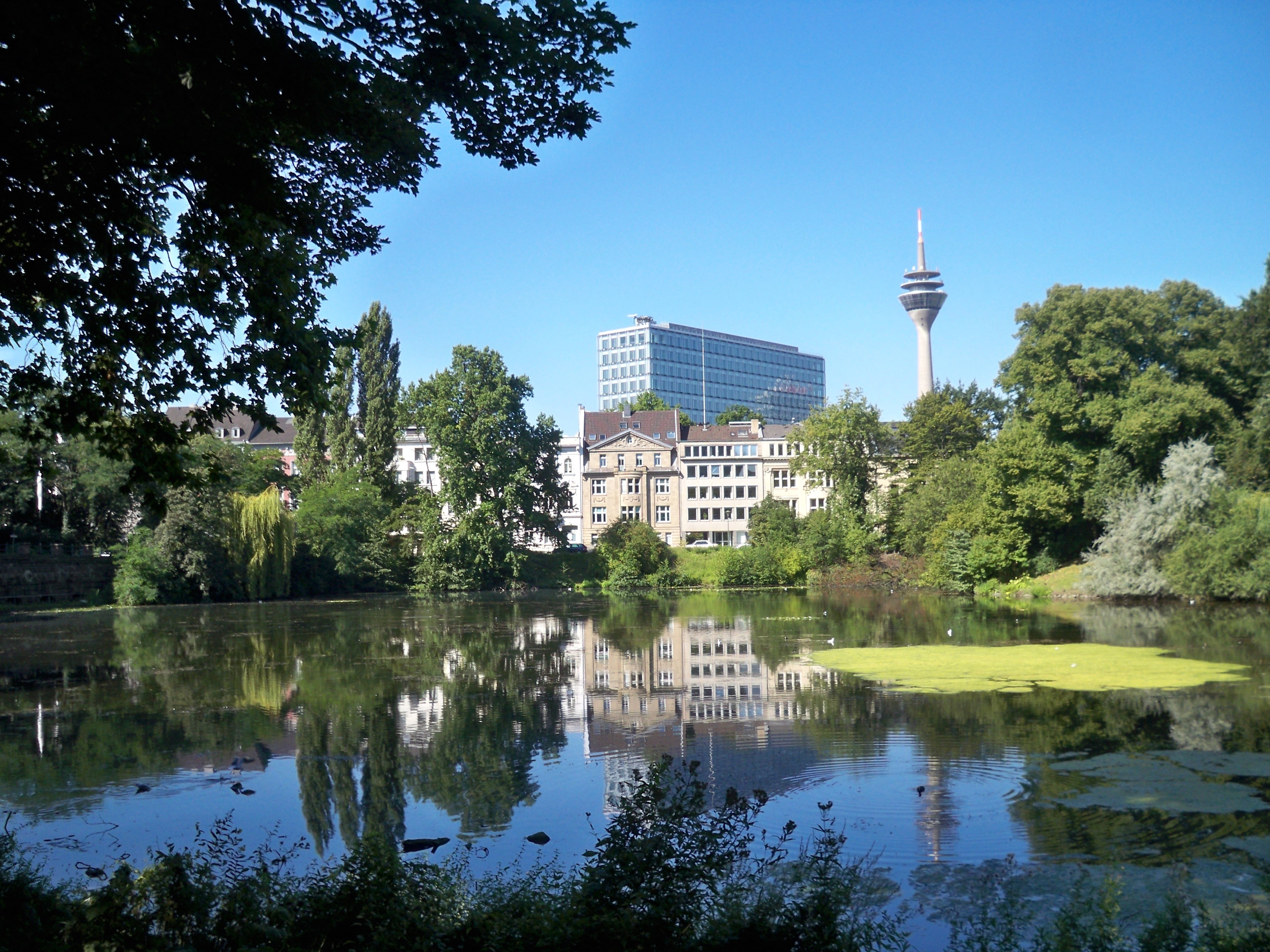 Stadtsilhouette mit modernem Fernsehturm und ungewöhnlich geformten Gebäuden am Wasser.