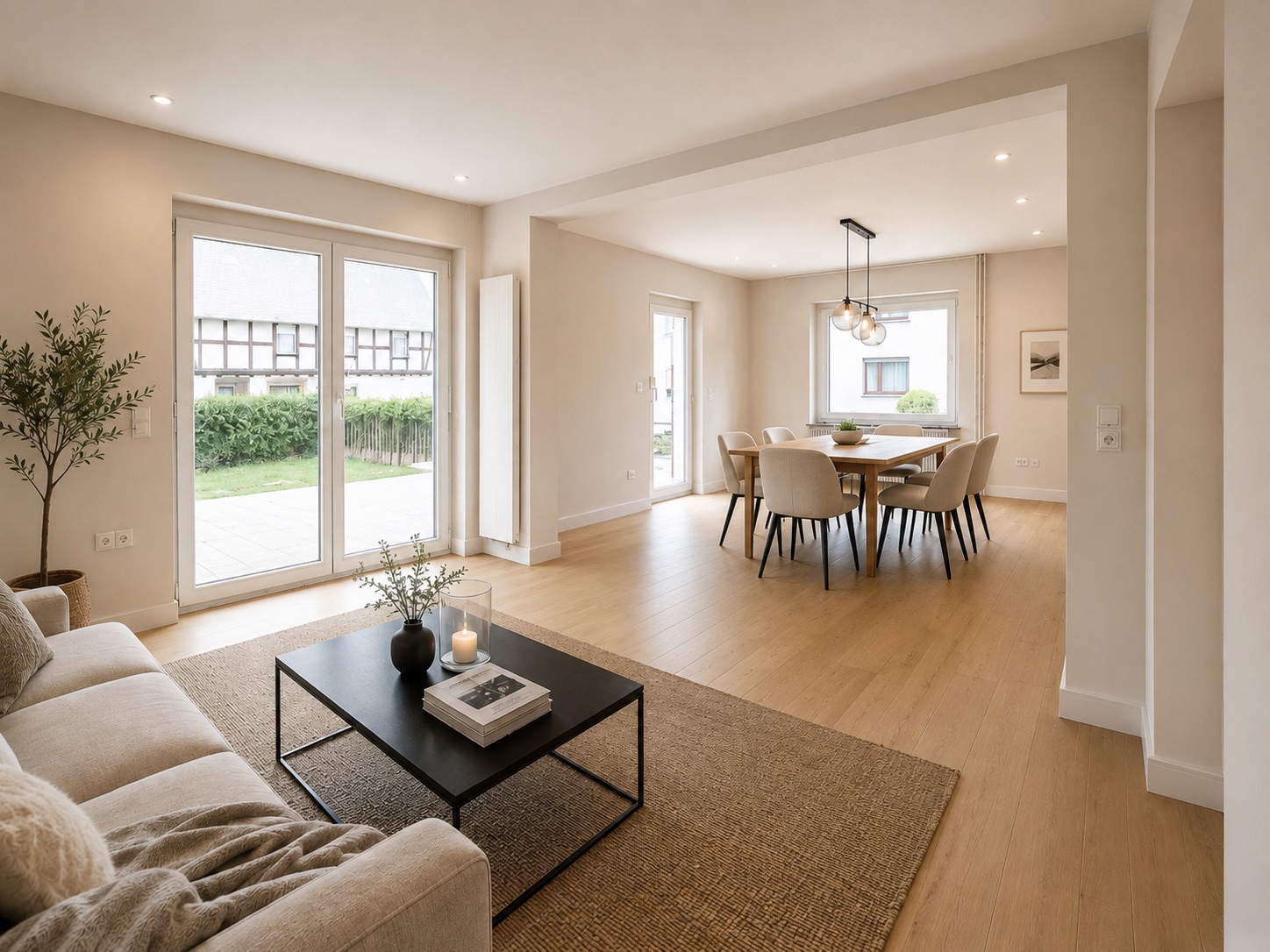 Helles Wohnzimmer mit Sofa, Couchtisch und angrenzendem Essbereich mit großem Tisch und Stühlen.