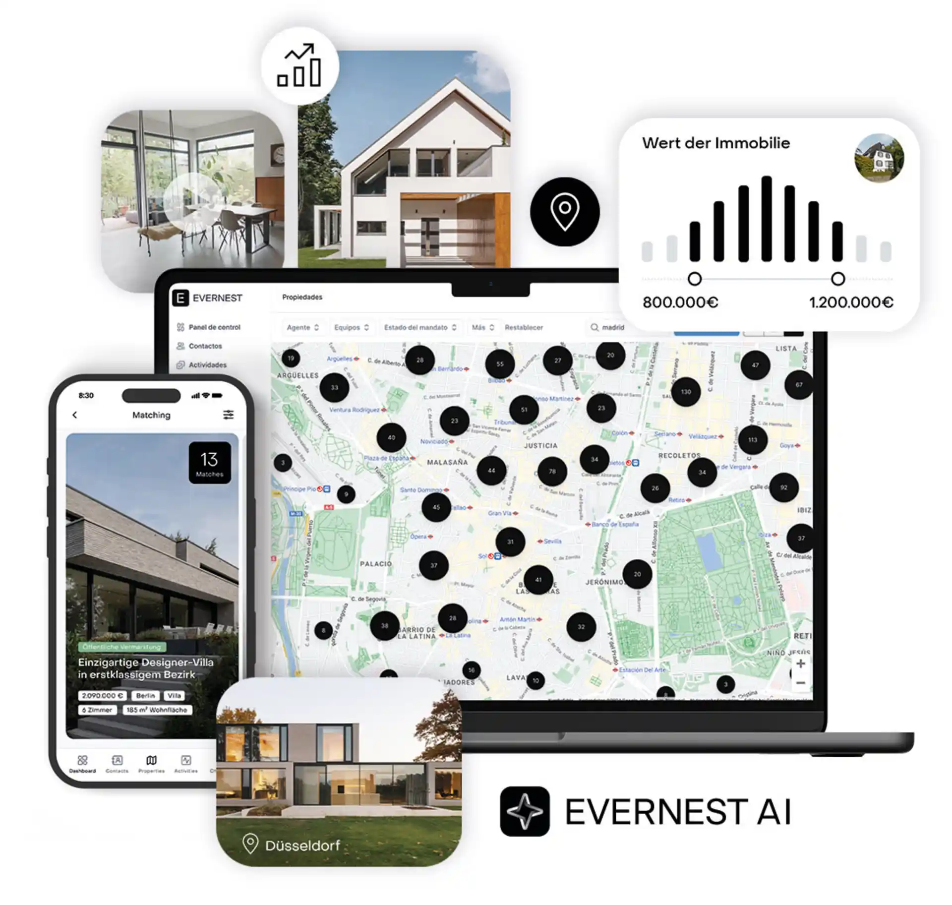 Digitale Darstellung mit Fotos von Häusern, einem Stadtplan auf Laptop und einer Immobilienbewertung.