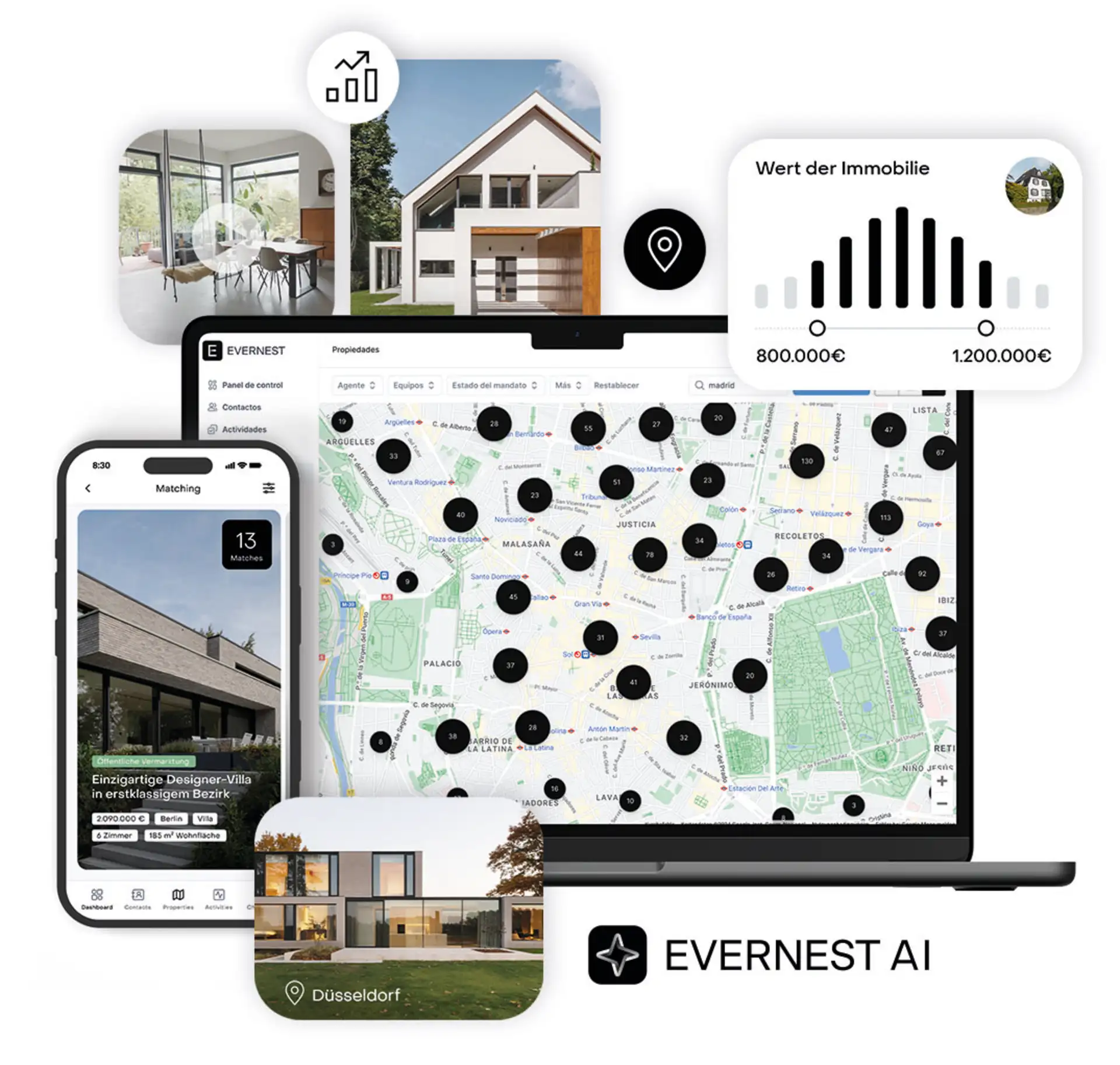 Digitale Darstellung mit Fotos von Häusern, einem Stadtplan auf Laptop und einer Immobilienbewertung.
