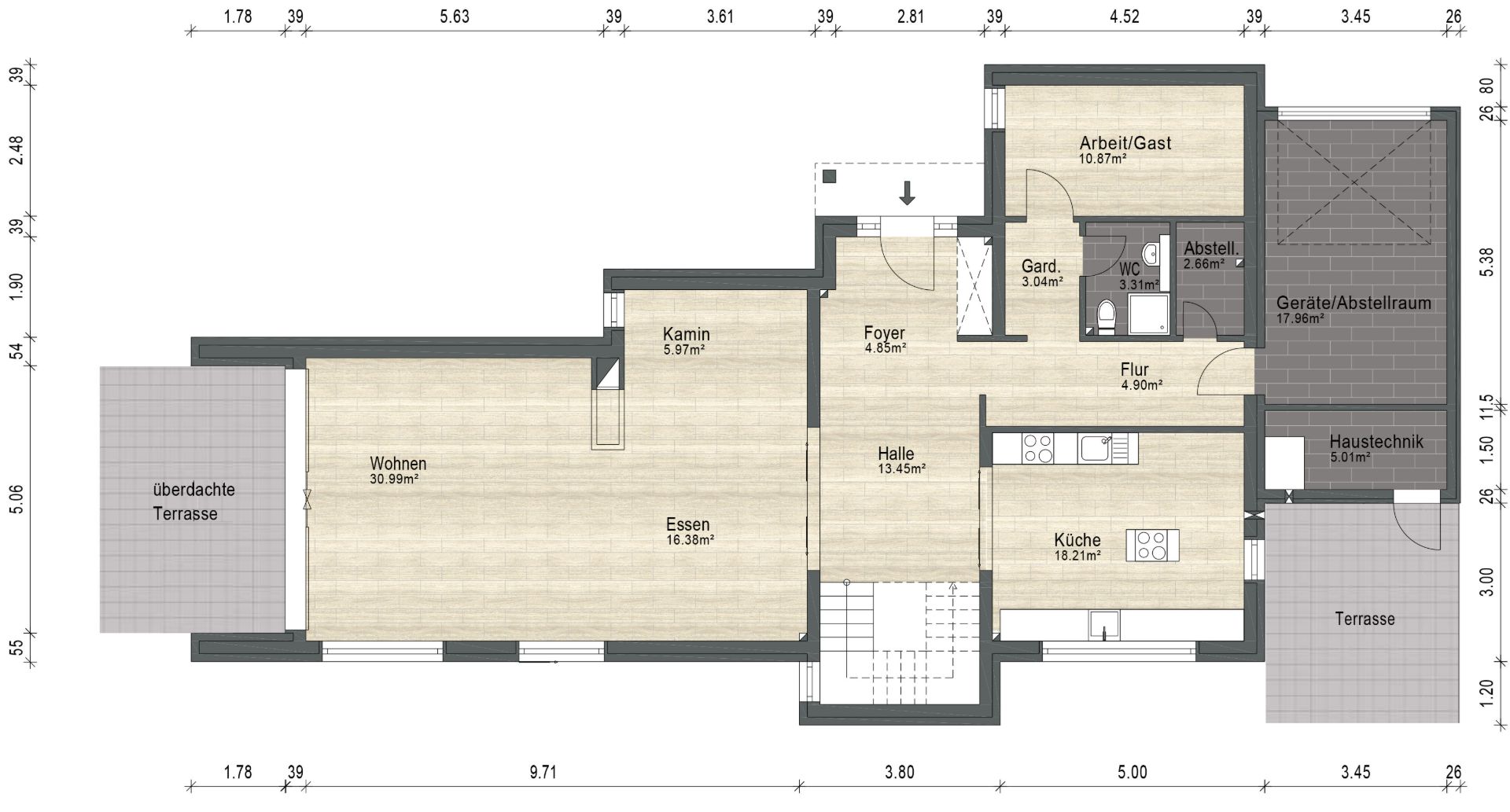 Grundriss eines Hauses mit Wohn-, Esszimmer, Küche, Kamin, Terrasse und mehreren Nebenräumen.