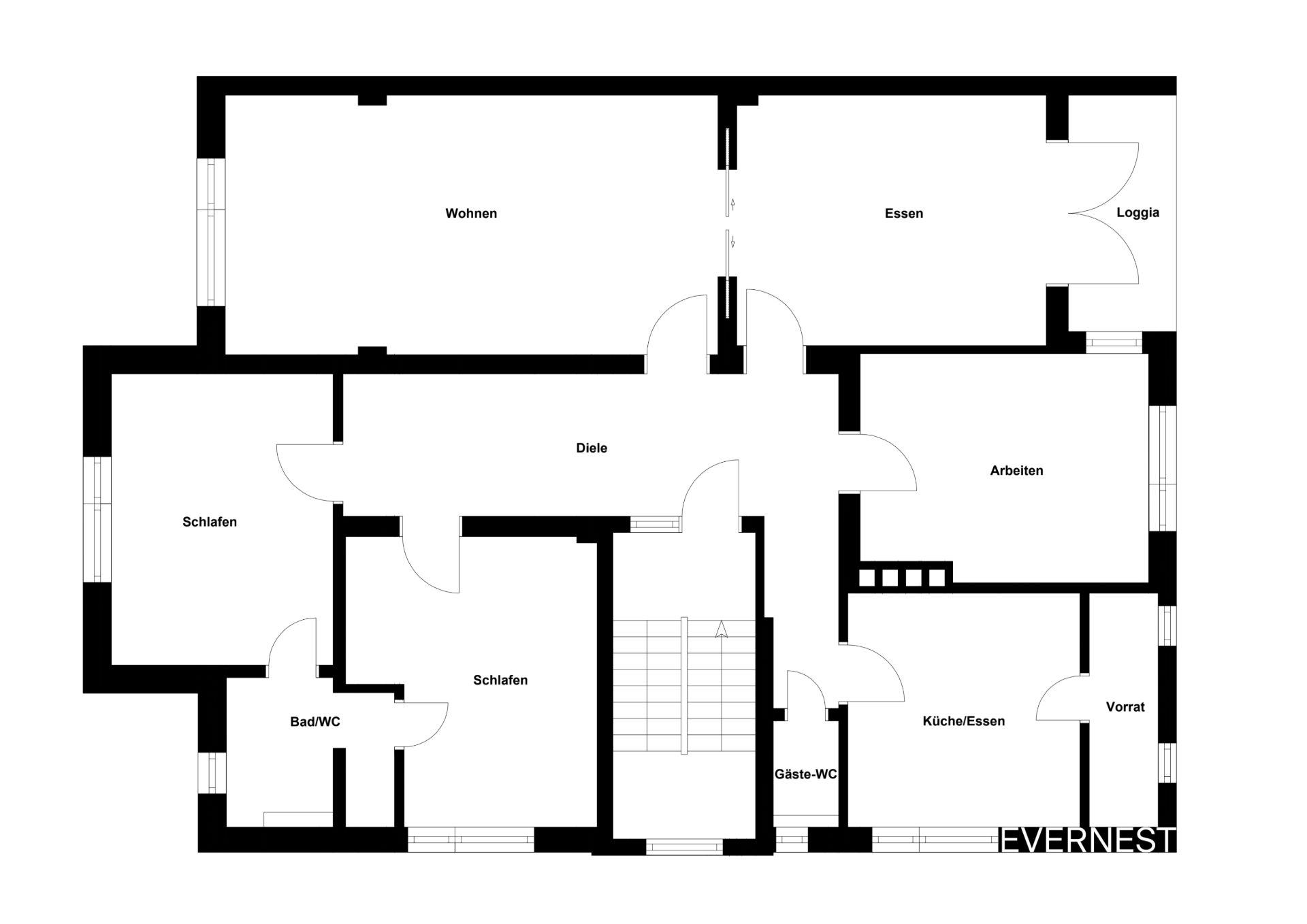 Grundriss einer Wohnung mit Wohn-, Schlaf-, Arbeits-, Esszimmer, Küche, Bad und Loggia.