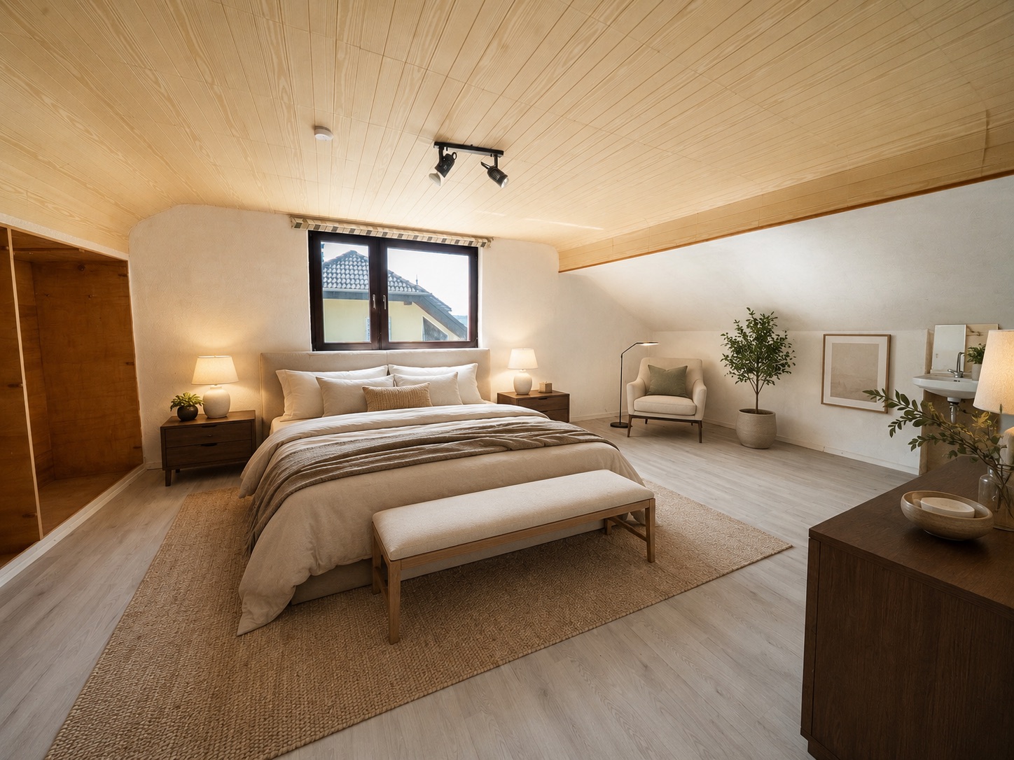 Helles Schlafzimmer mit Doppelbett, zwei Nachttischen, Sessel und Fenstern unter einem Holzplafond.