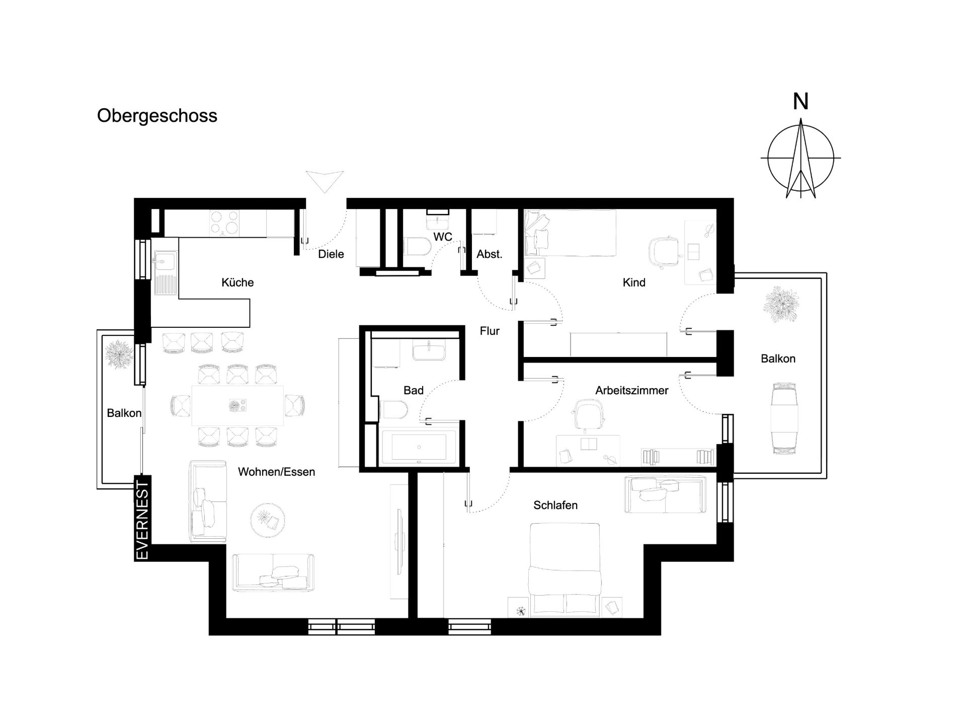 Grundriss einer Wohnung mit Küche, Wohn-/Esszimmer, Bad, Schlafzimmer, Kinderzimmer, Arbeitszimmer und zwei Balkonen.