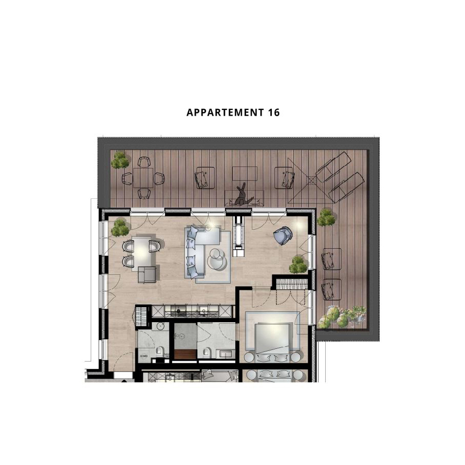 Grundriss einer Wohnung mit zwei Schlafzimmern, Wohnzimmer, Küche, Bad und Balkon.