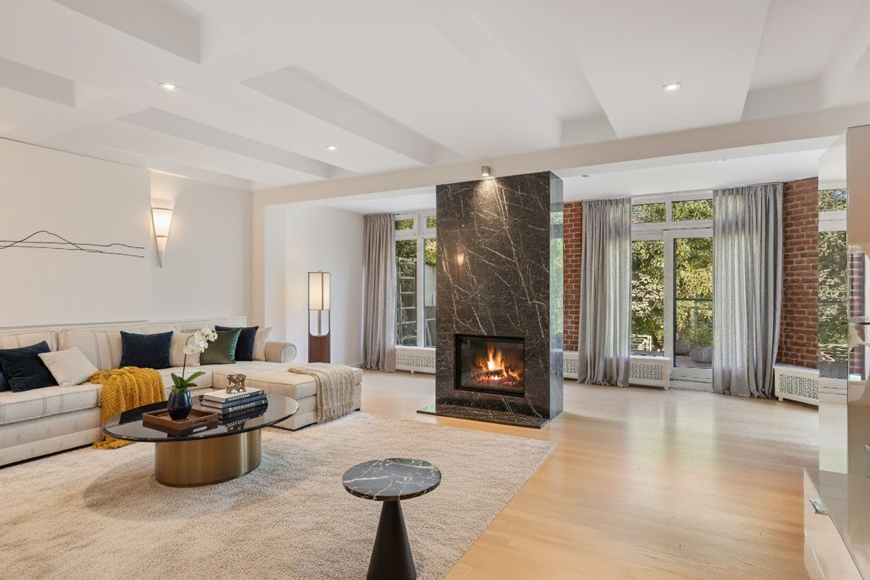 Modernes Wohnzimmer mit Kamin, Sofa, Couchtisch und großen Fenstern mit Vorhängen.