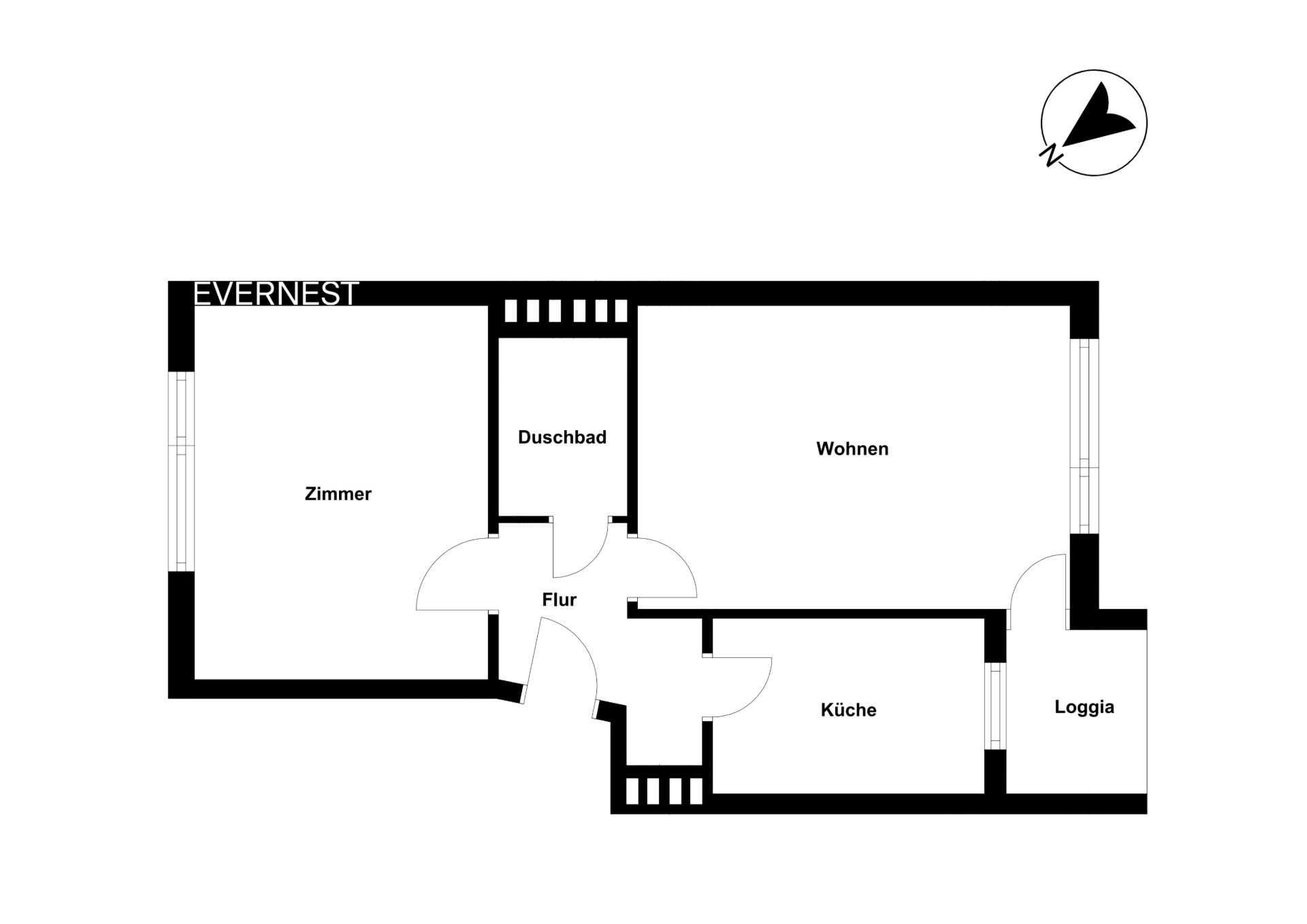 Grundriss mit Zimmer, Duschbad, Flur, Wohnzimmer, Küche und Loggia.