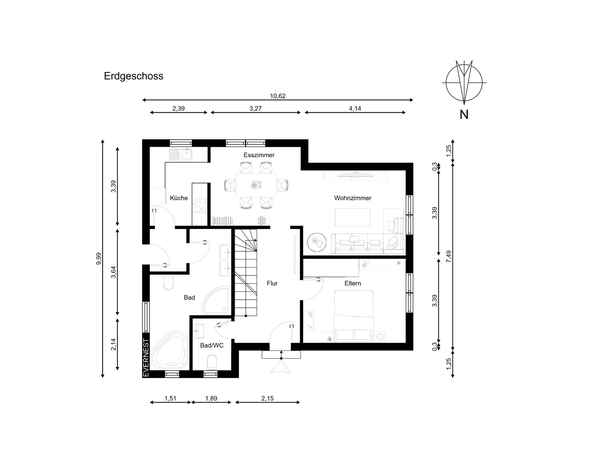 Grundriss des Erdgeschosses mit Küche, Esszimmer, Wohnzimmer, Bad und Schlafzimmer.