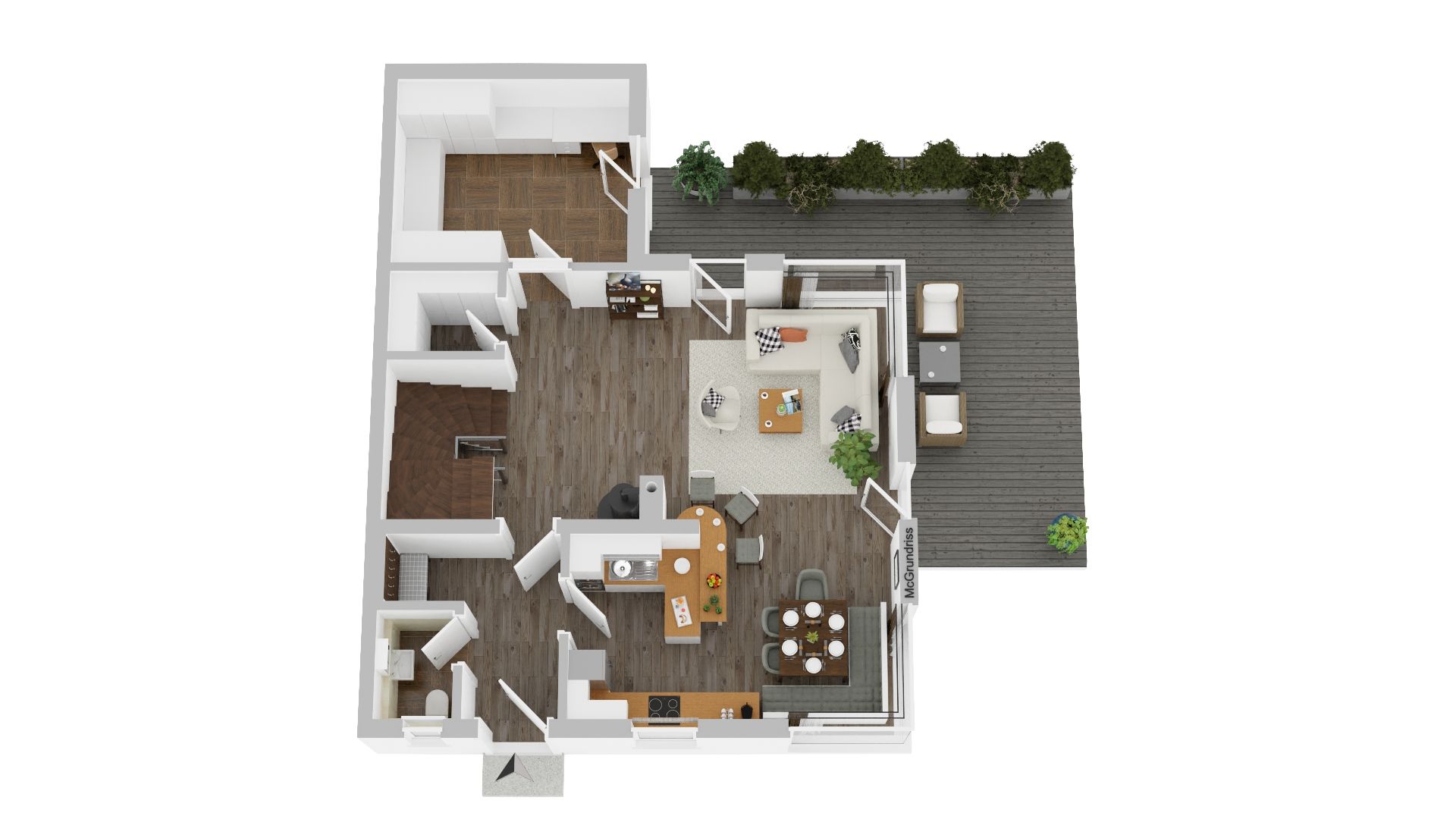 Grundriss einer Wohnung mit Küche, Wohnzimmer, Essbereich und Terrasse.