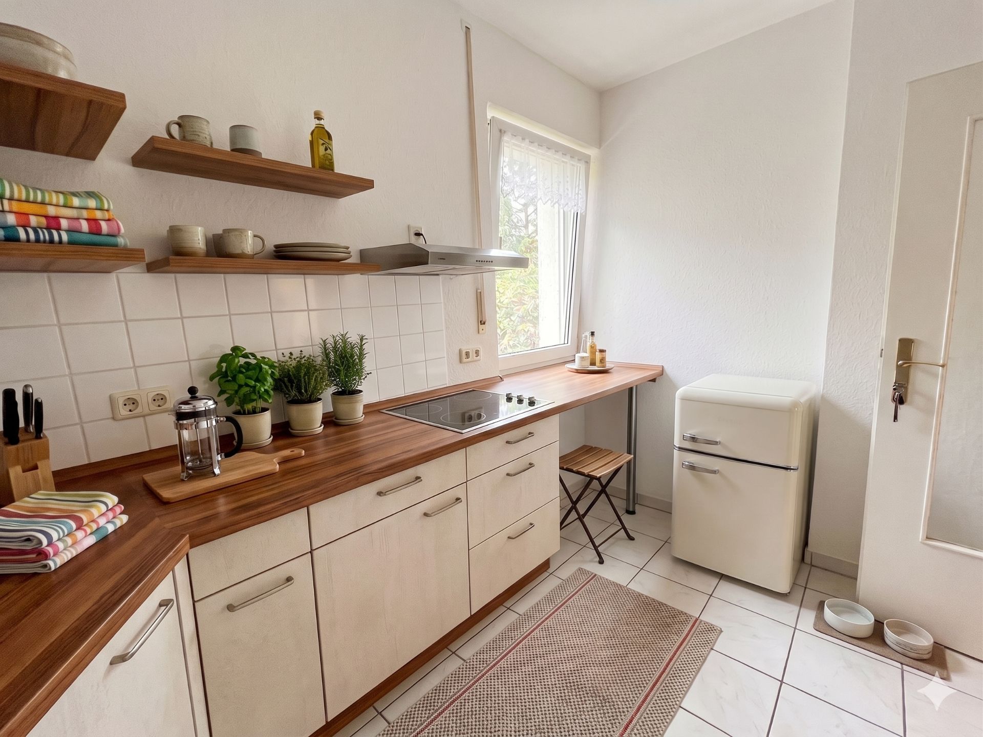 Helle Küche mit Holzarbeitsplatte, offenem Regal, kleinem Kühlschrank und Fenster.