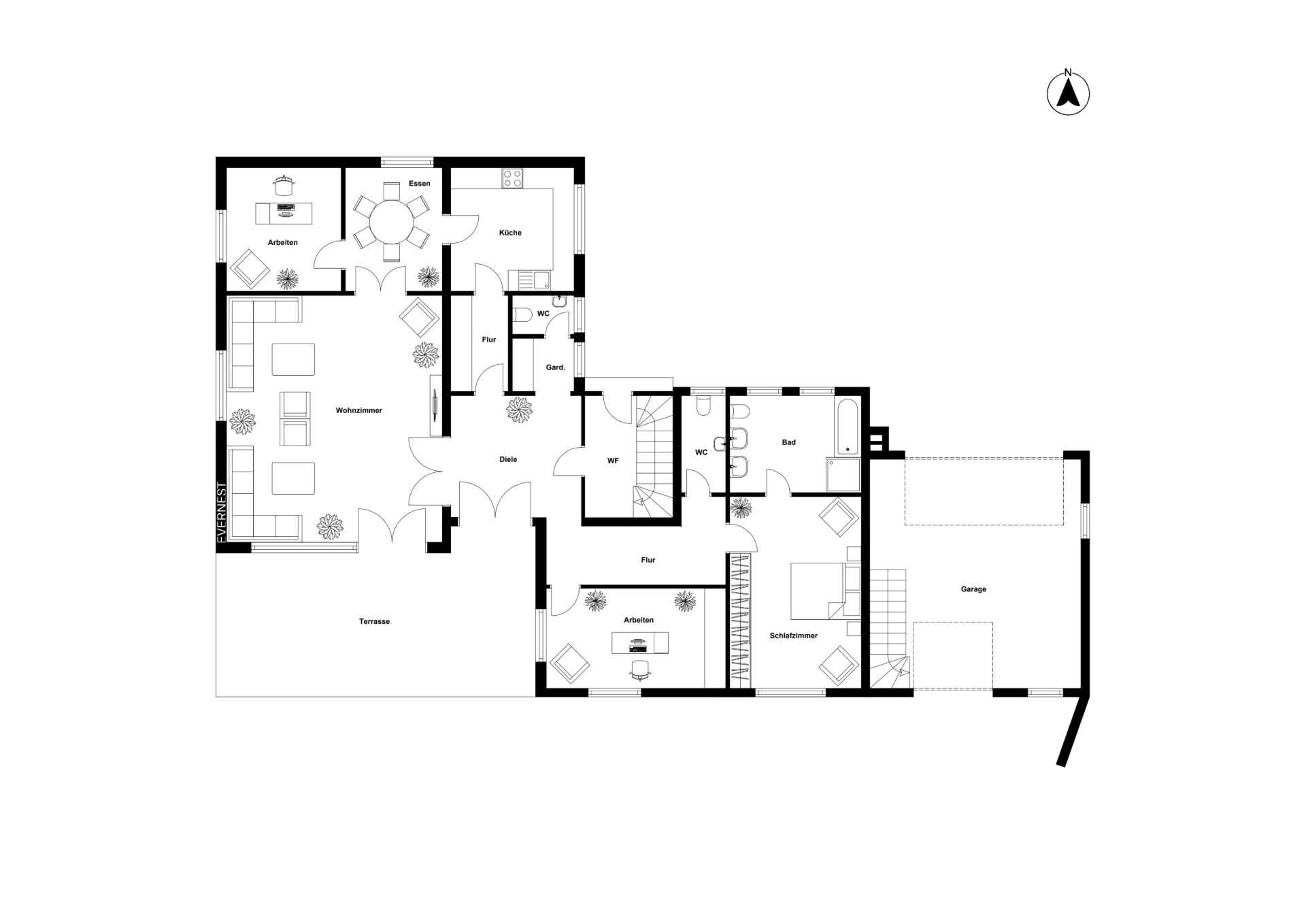 Grundriss eines Wohnhauses mit Wohn-, Schlaf- und Arbeitszimmer, Küche, Bad und Garage.