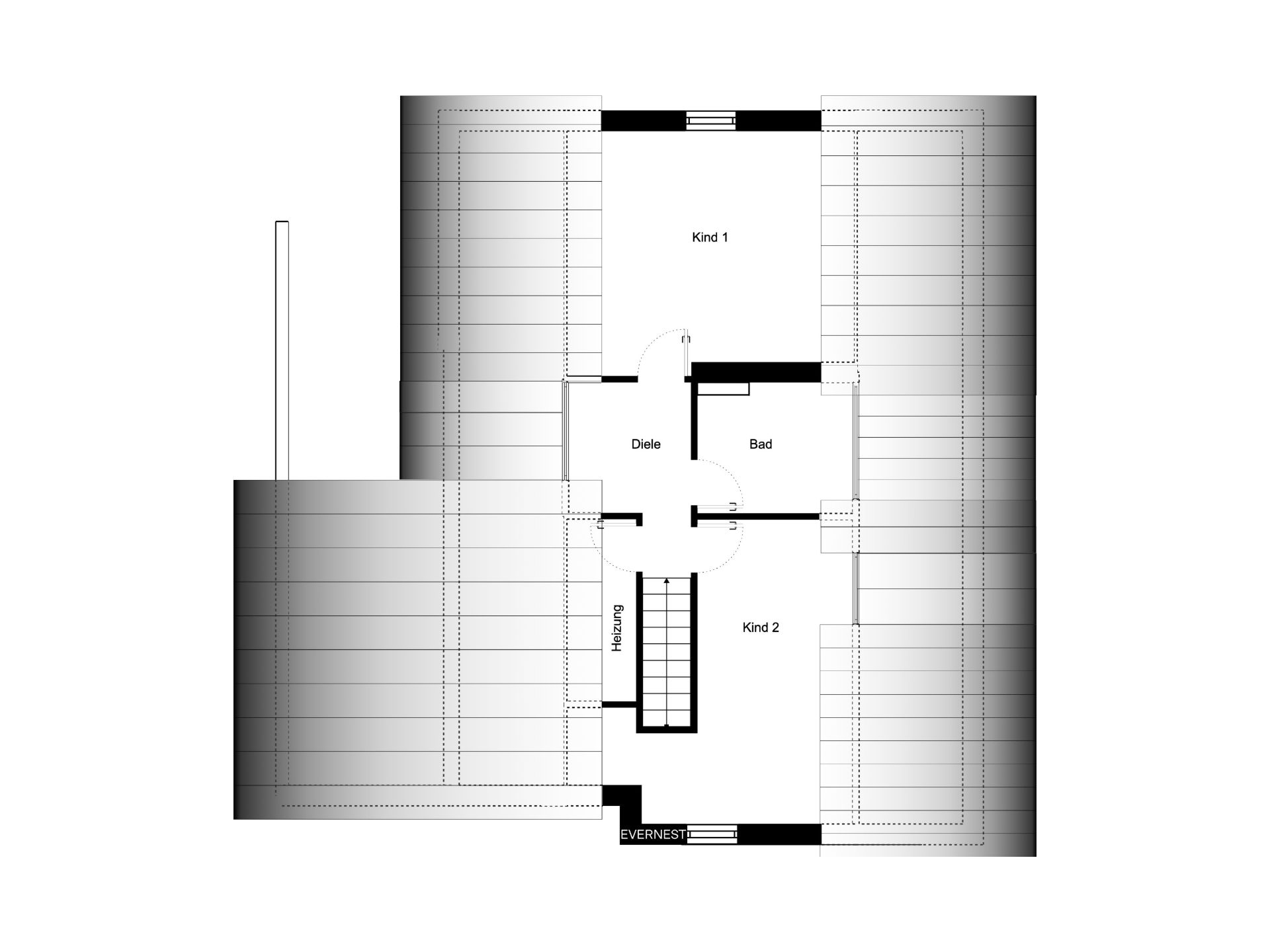 Grundriss eines Obergeschosses mit zwei Kinderzimmern, Bad, Diele, Heizung und Treppe.