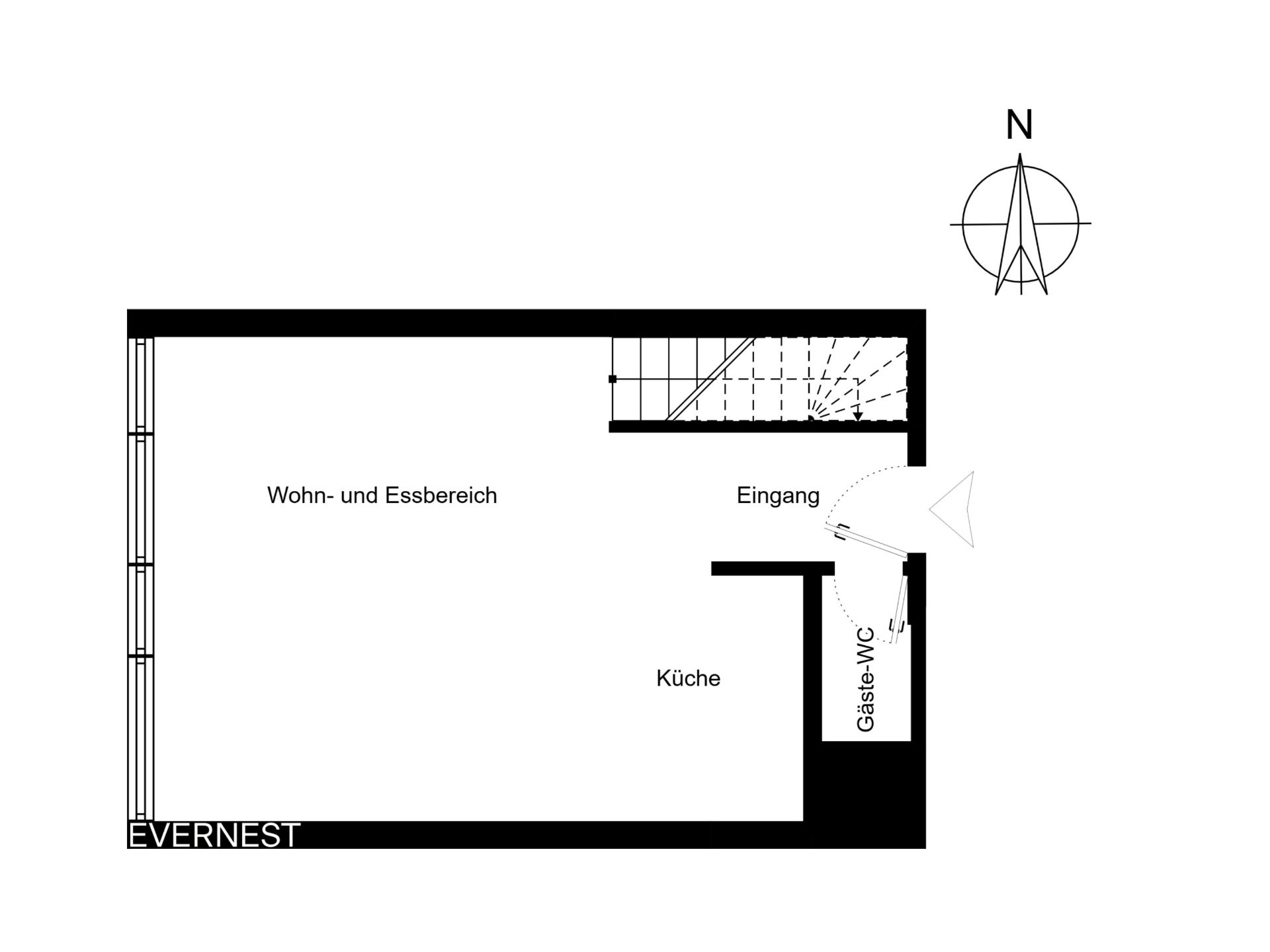 Grundriss mit Wohn- und Essbereich, Küche, Eingang und Gäste-WC.