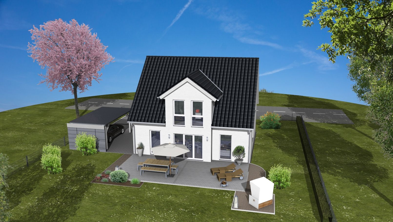 Modernes weißes Einfamilienhaus mit Garten, Terrasse und Carport auf grünem Grundstück.