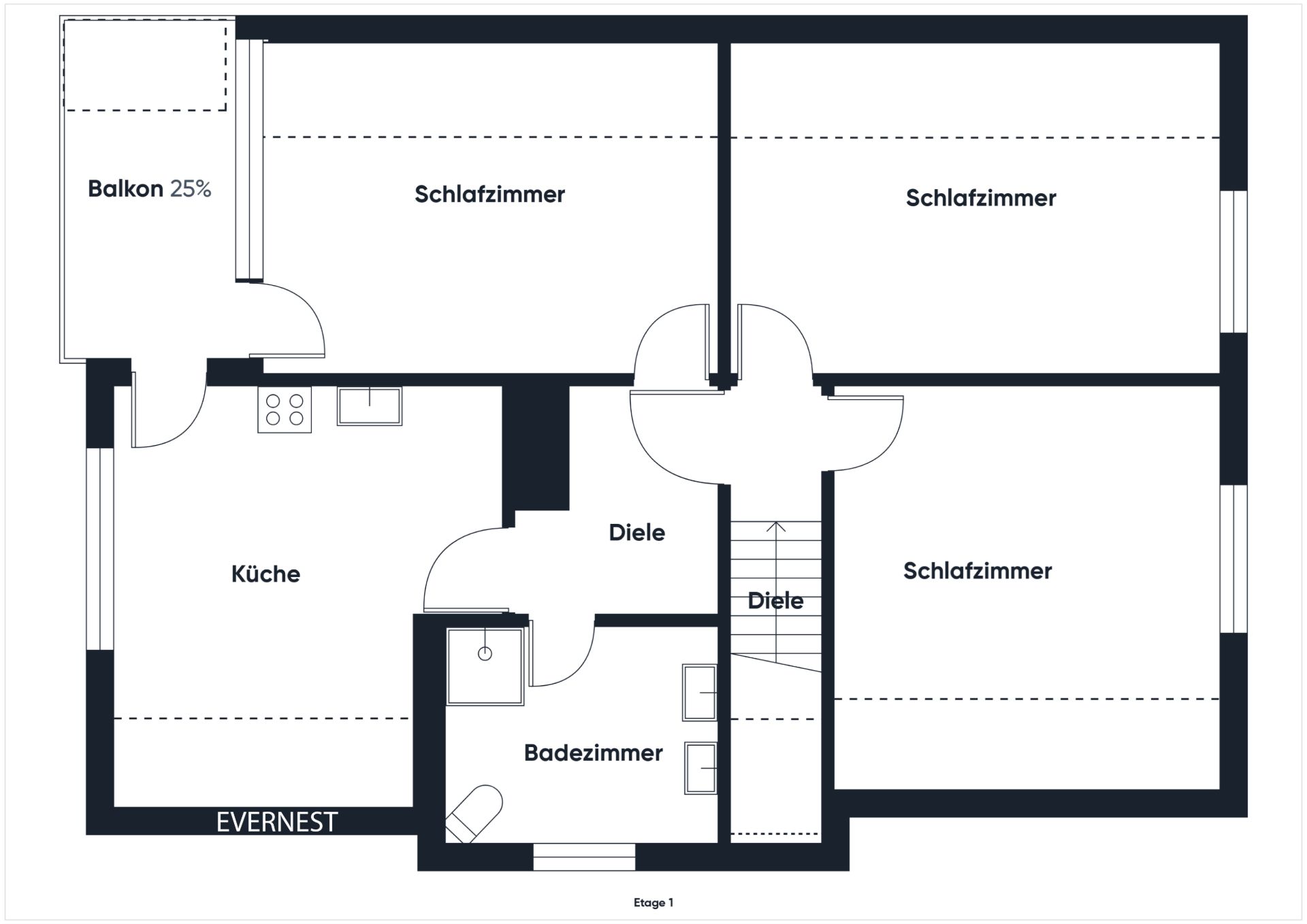 Grundriss mit drei Schlafzimmern, Küche, Bad, Diele und Balkon.