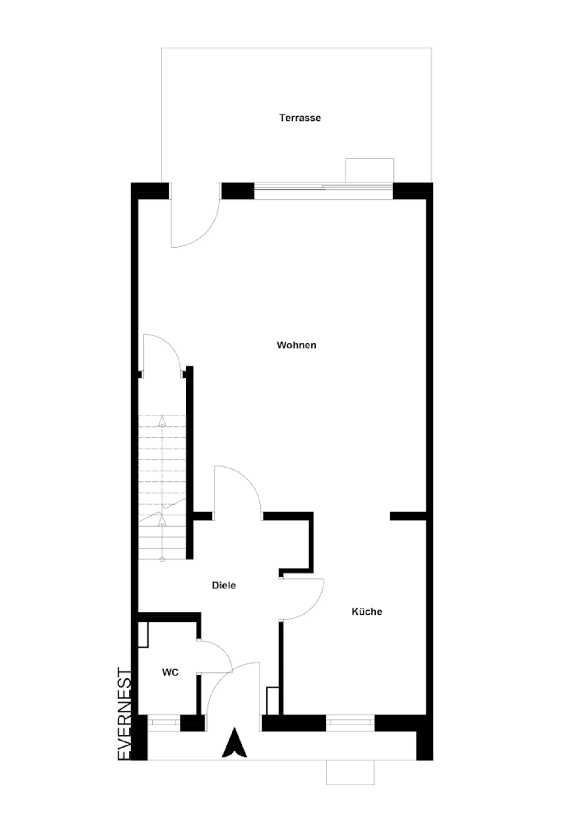 Grundriss mit Terrasse, Wohnzimmer, Diele, Küche und WC.