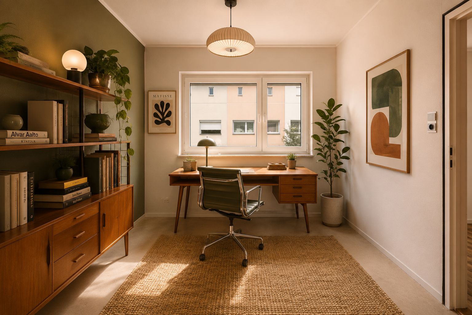 Helles Arbeitszimmer mit Holzmöbeln, Schreibtisch am Fenster, Pflanzen und Wanddekoration.