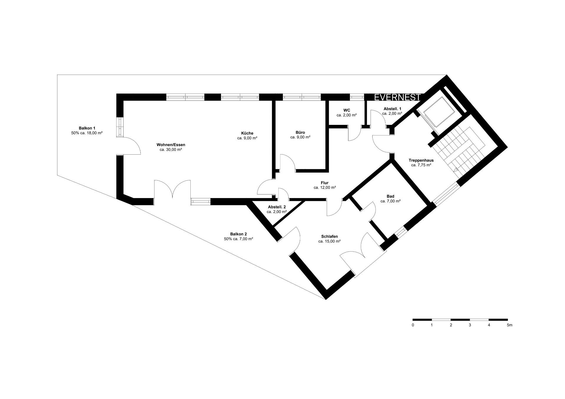 Grundriss einer Wohnung mit Wohnbereich, Schlafzimmer, Küche, Bad, Büro und zwei Balkonen.