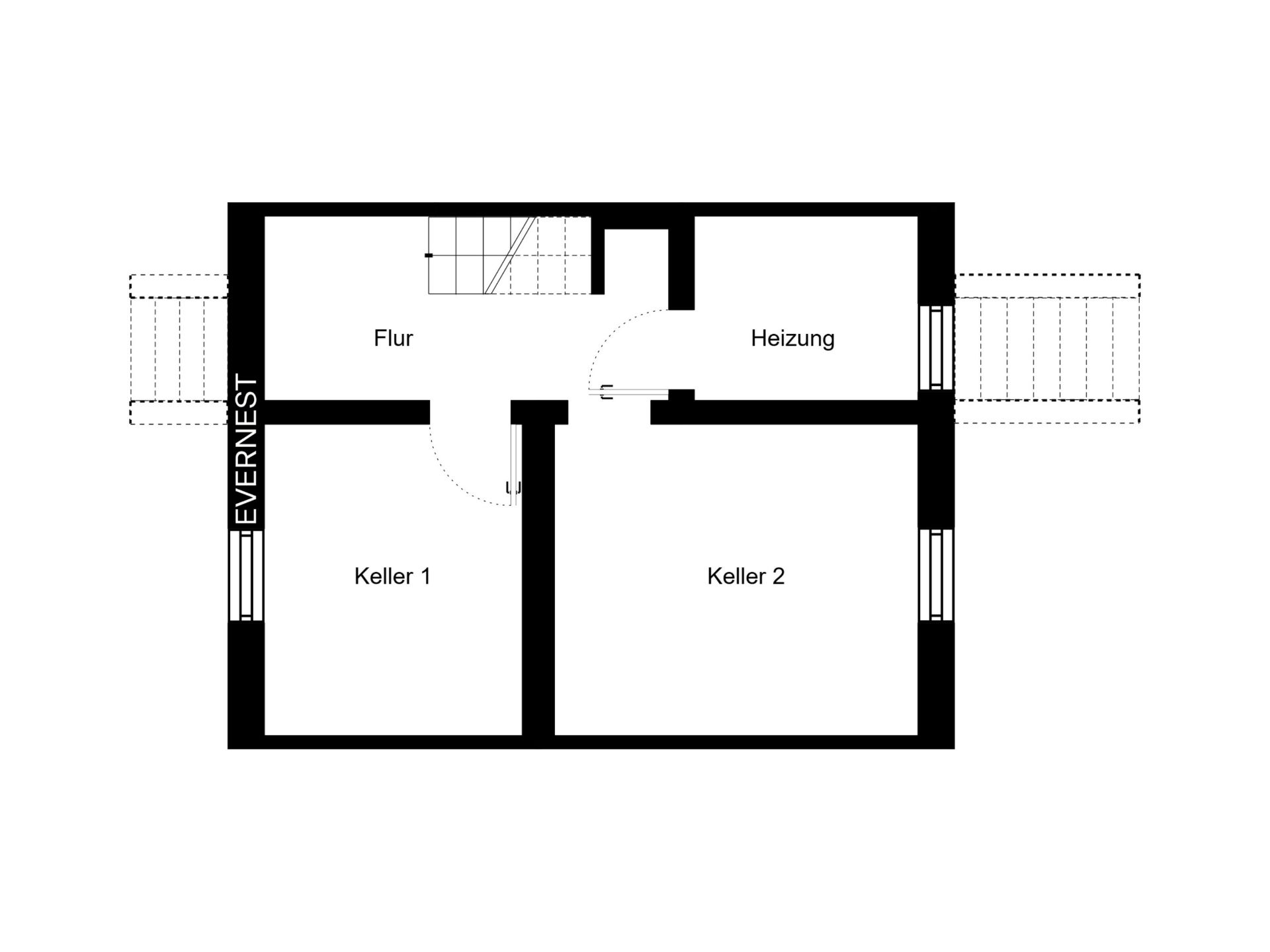Grundriss eines Kellers mit Flur, Heizungsraum, Keller 1 und Keller 2.