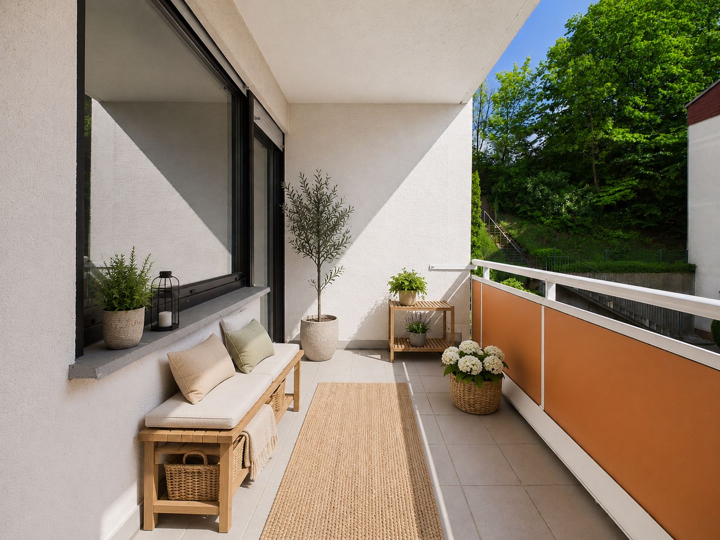 Heller Balkon mit Sitzbank, Pflanzen, Teppich und Blick auf Bäume.