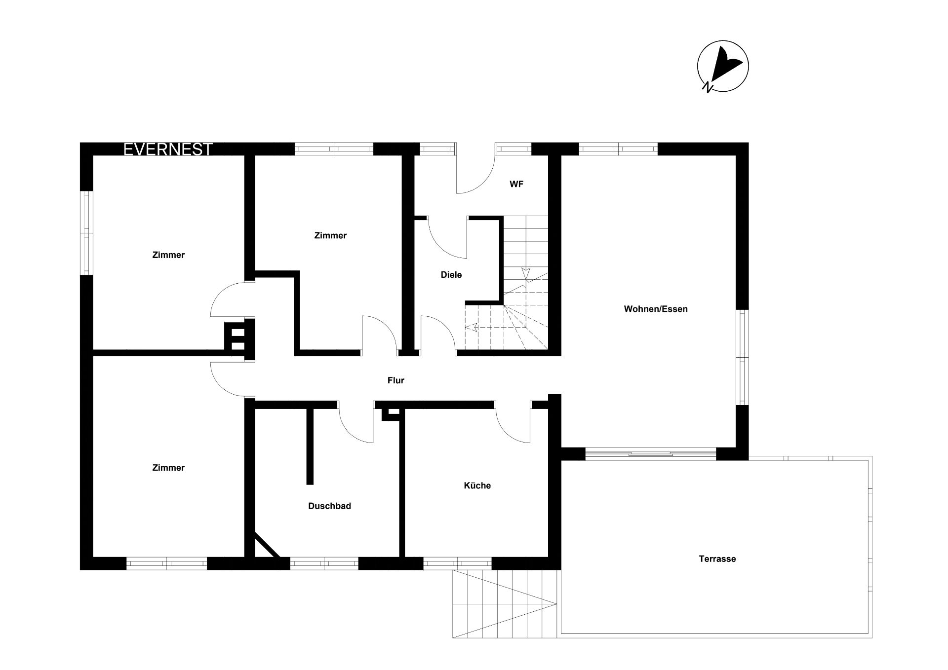 Grundriss mit drei Zimmern, Wohnzimmer, Küche, Duschbad und Terrasse.