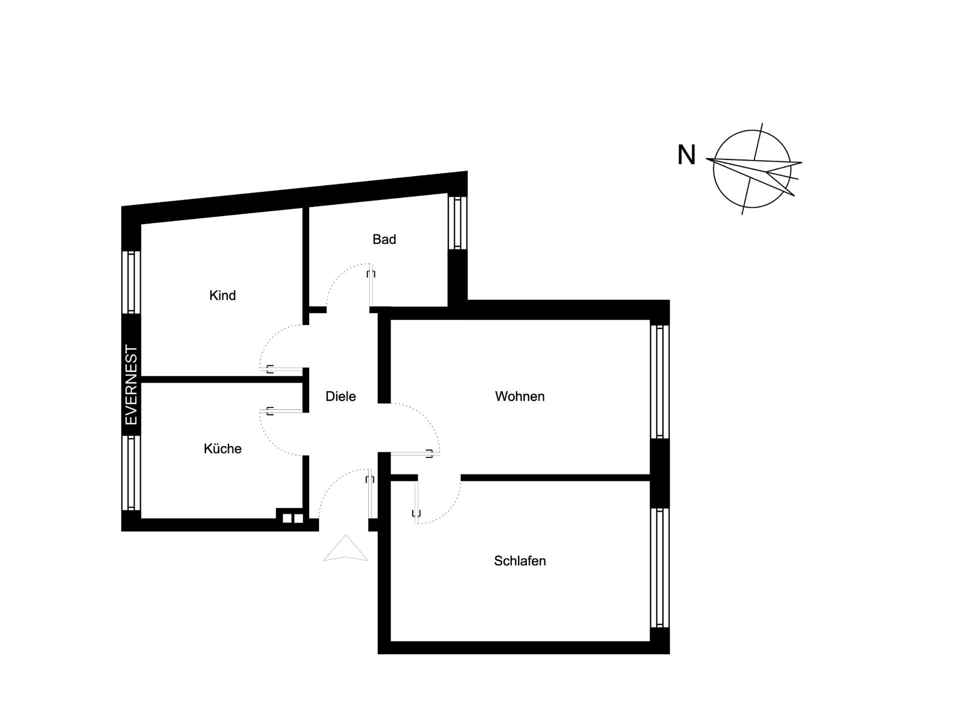 Grundriss einer Wohnung mit Zimmern: Kind, Küche, Bad, Diele, Wohnen und Schlafen.