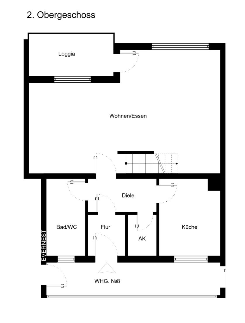 Grundriss einer Wohnung im 2. Obergeschoss mit Loggia, Wohnbereich, Küche, Bad und Flur.