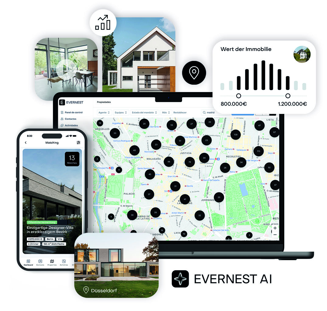 Collage aus Hausfotos, Wohnraum, Preisanalyse und Karte auf Laptop und Smartphone.
