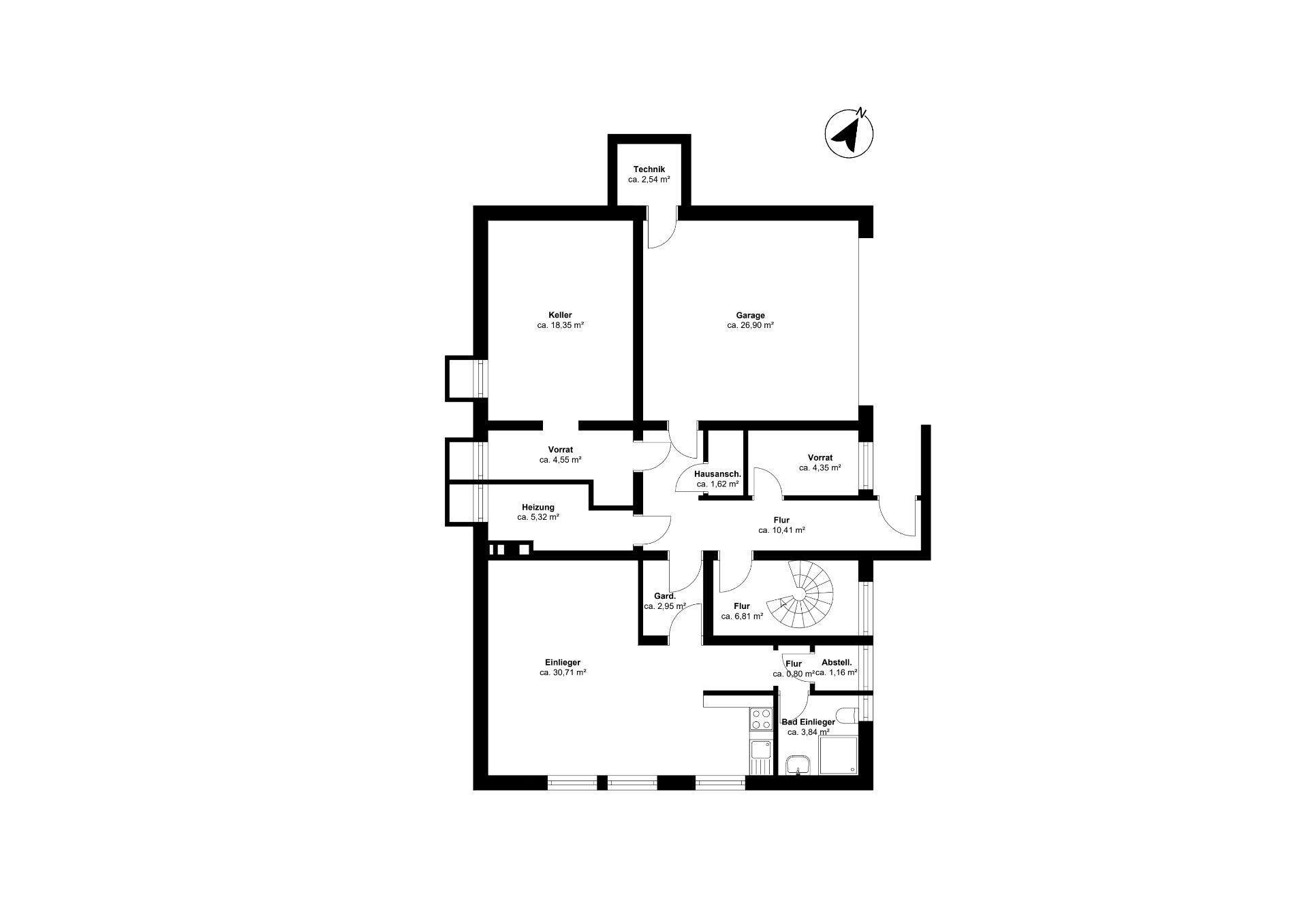 Grundriss eines Wohnhauses mit Garage, Keller, Vorratsräumen und Einliegerwohnung.