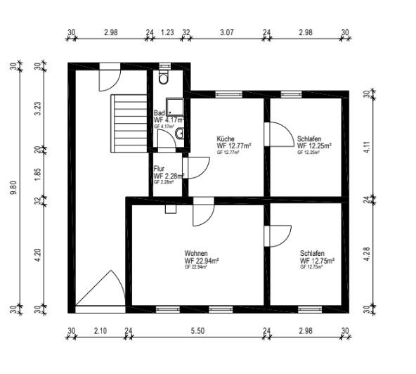 Grundriss einer Wohnung mit Wohnzimmer, Küche, Bad, Flur und zwei Schlafzimmern.