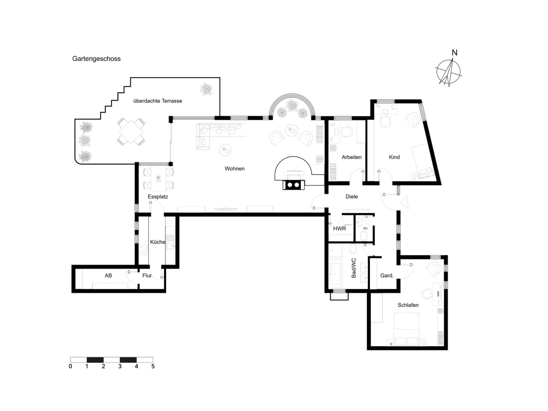 Grundriss einer Wohnung mit Terrasse, Wohn-, Schlaf-, Arbeits- und Kinderzimmer sowie Küche und Bad.