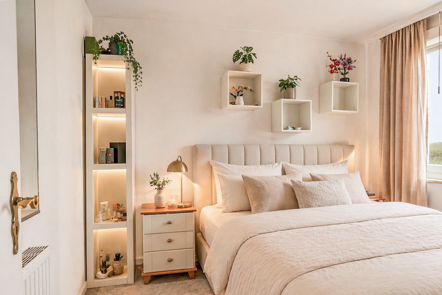 Helles Schlafzimmer mit Doppelbett, Nachttisch, Regal mit Pflanzen und Fenster mit Vorhängen.