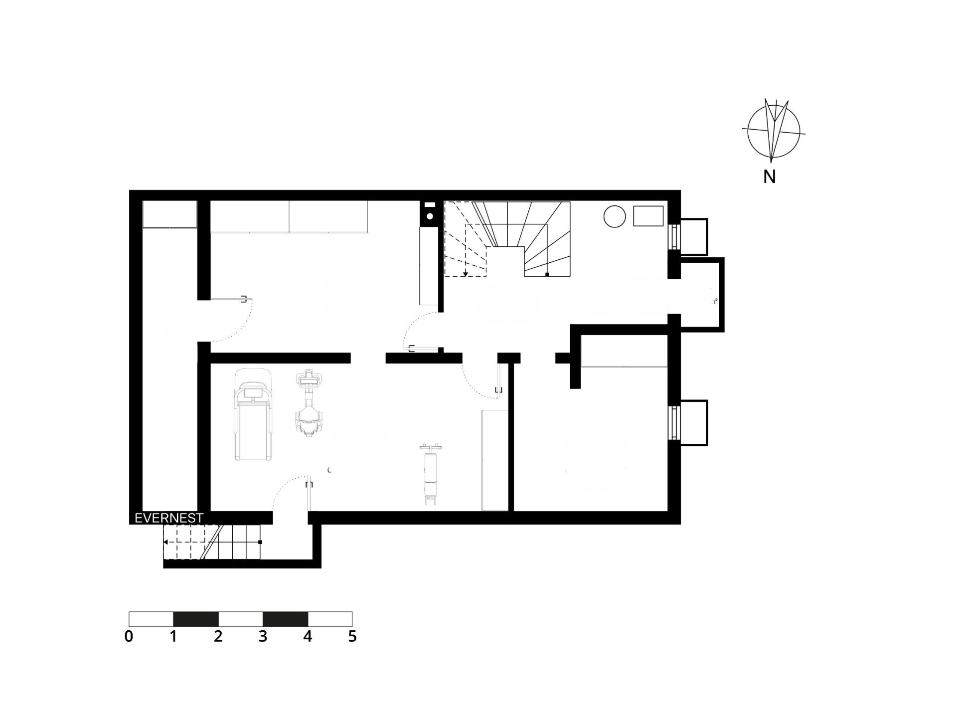 Grundriss eines Kellers mit Treppe, mehreren Räumen und Garagenbereich.
