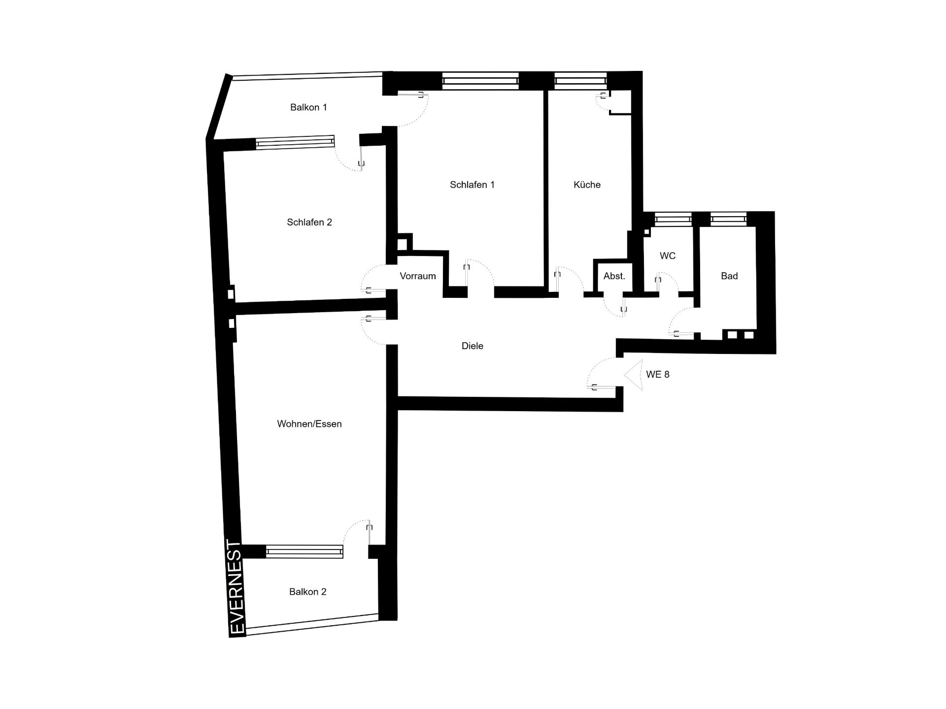Grundriss einer Wohnung mit zwei Schlafzimmern, Wohnzimmer, Küche, Bad, WC und zwei Balkonen.