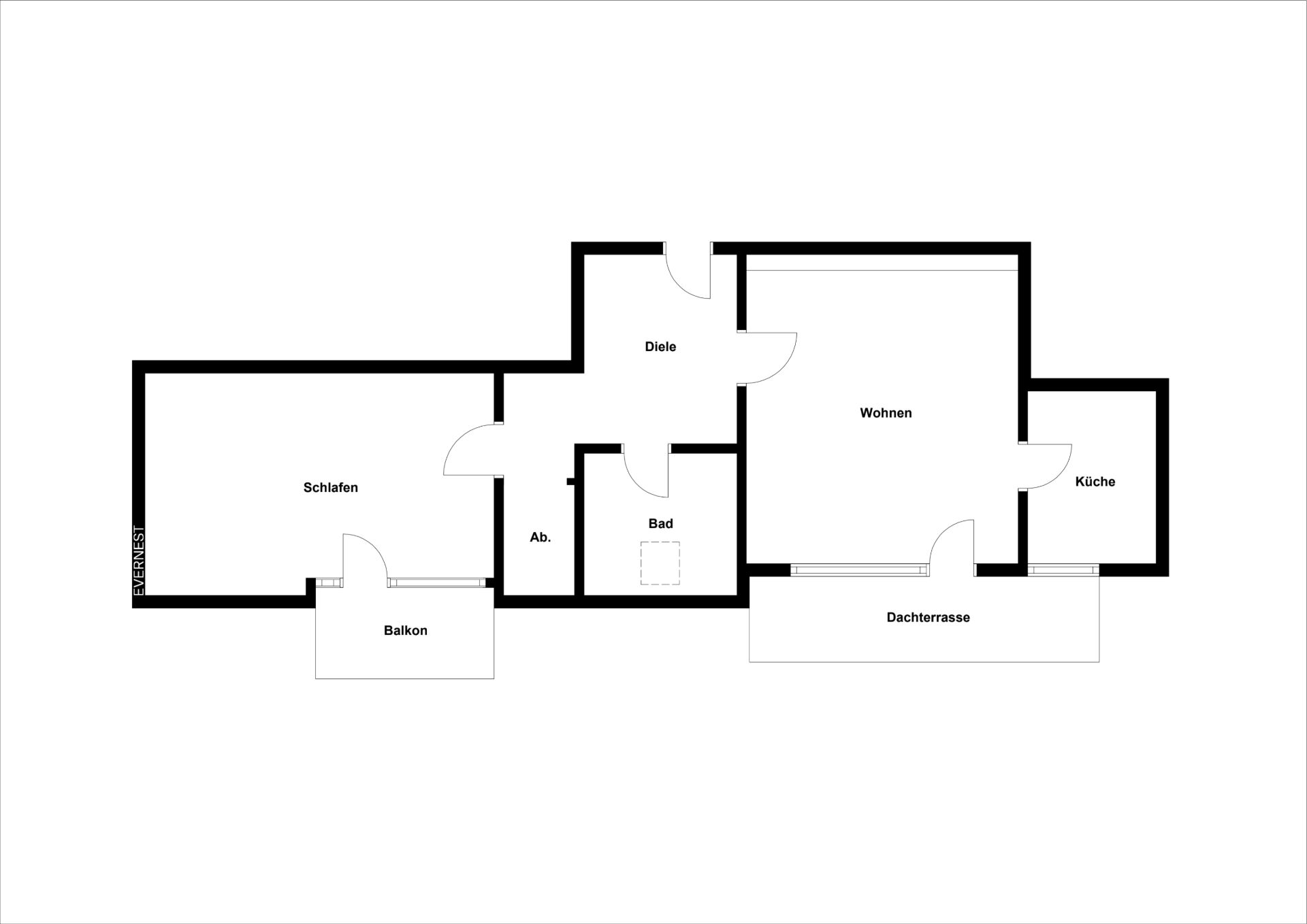 Grundriss einer Wohnung mit Schlafzimmer, Wohnzimmer, Küche, Bad, Diele, Balkon und Dachterrasse.