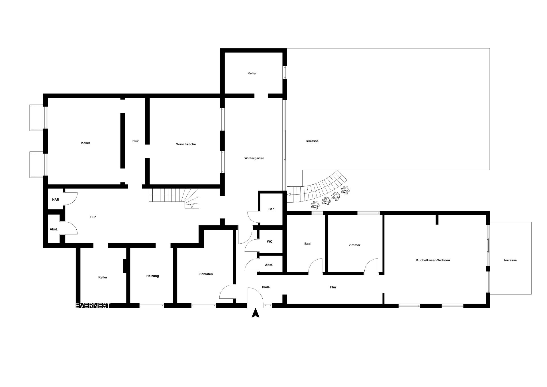 Grundriss eines Wohnhauses mit Zimmern, Bädern, Wintergarten und zwei Terrassen.