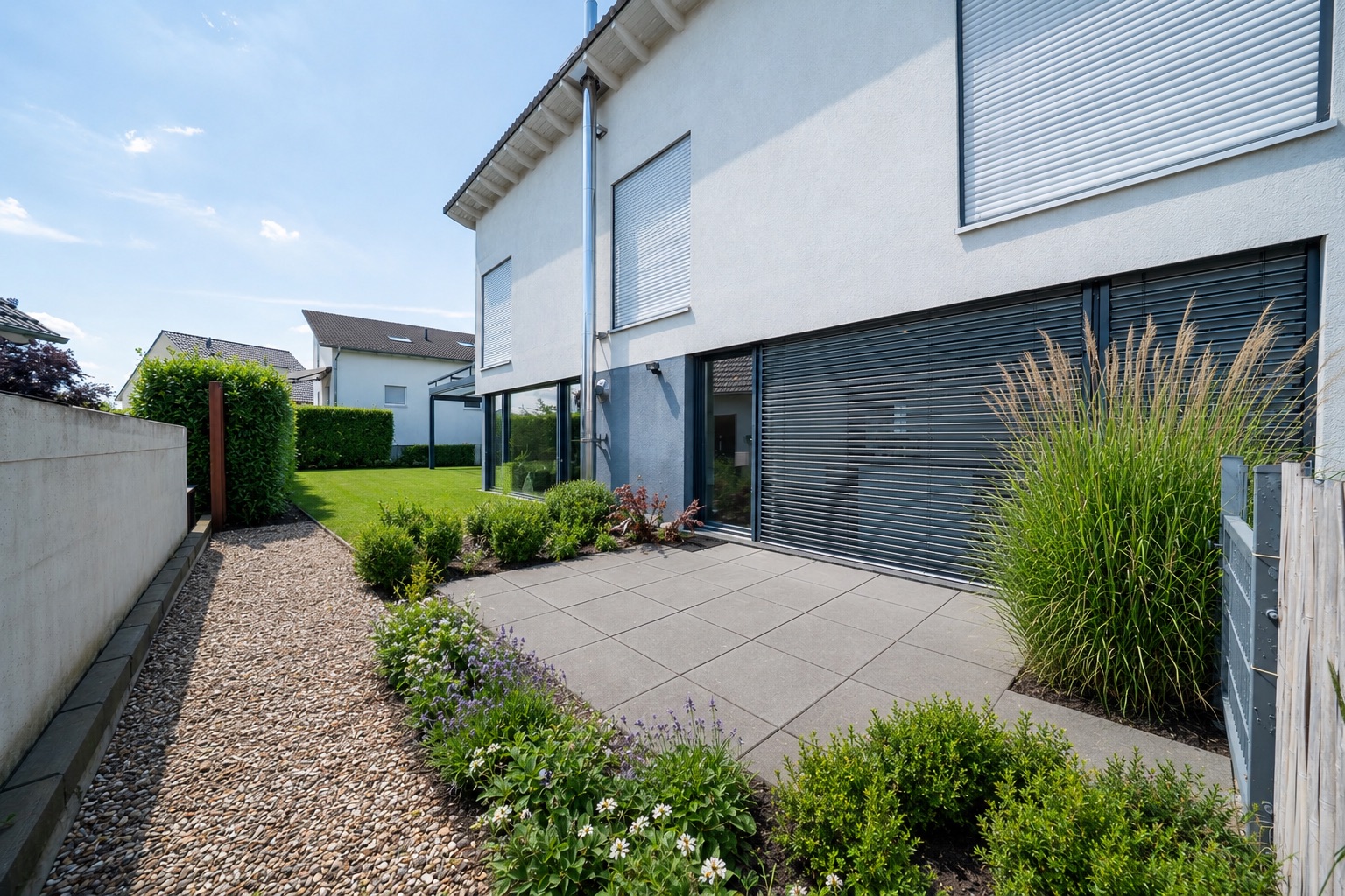 Moderne Terrasse mit Fliesen, Kiesstreifen, Sträuchern und angrenzendem Rasen an einem Wohnhaus.