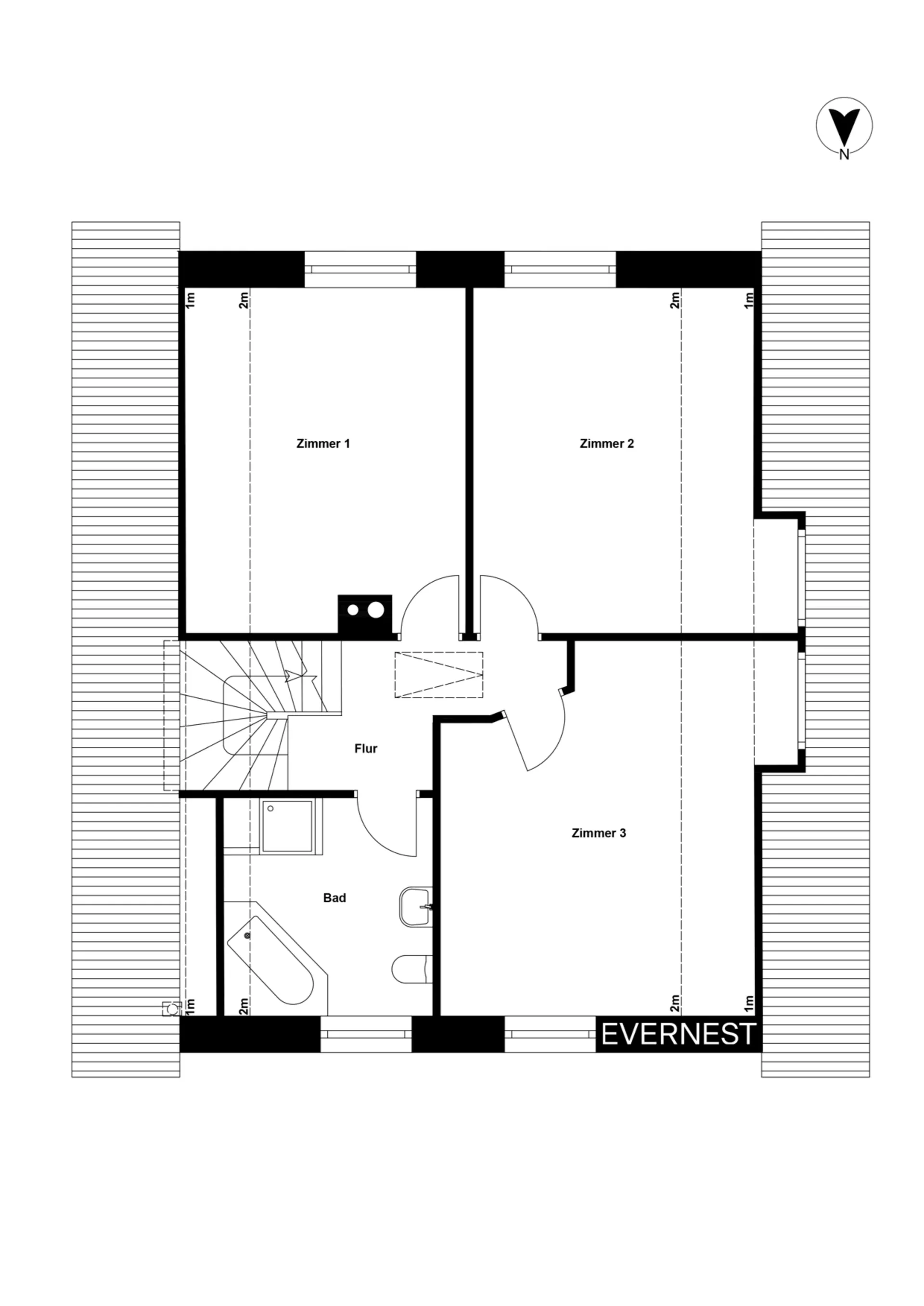 Grundriss mit drei Zimmern, Bad, Flur und Treppe in einer Wohnimmobilie.