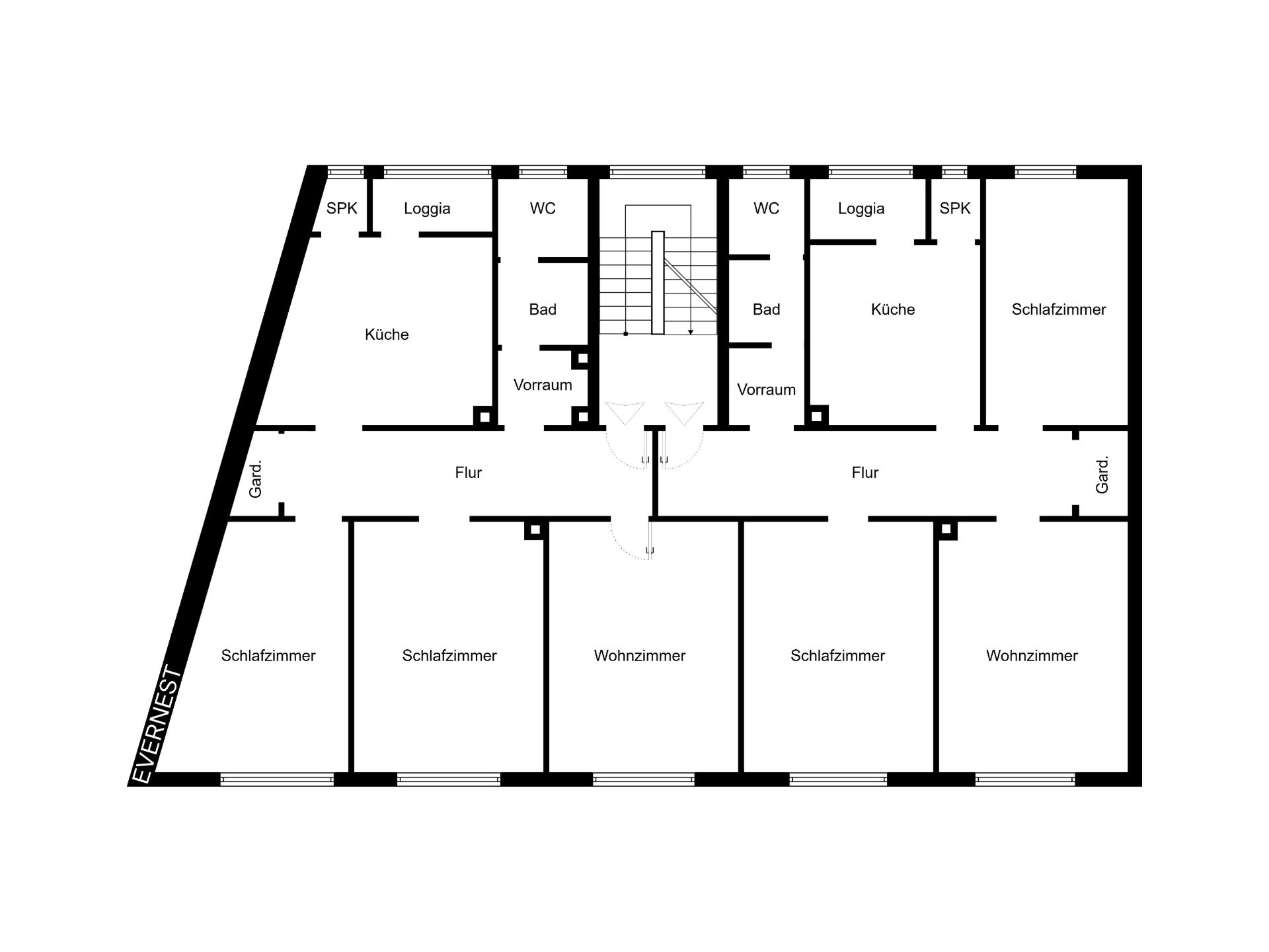 Grundriss einer Wohnung mit Schlafzimmern, Wohnzimmern, Küchen, Bädern und Fluren.