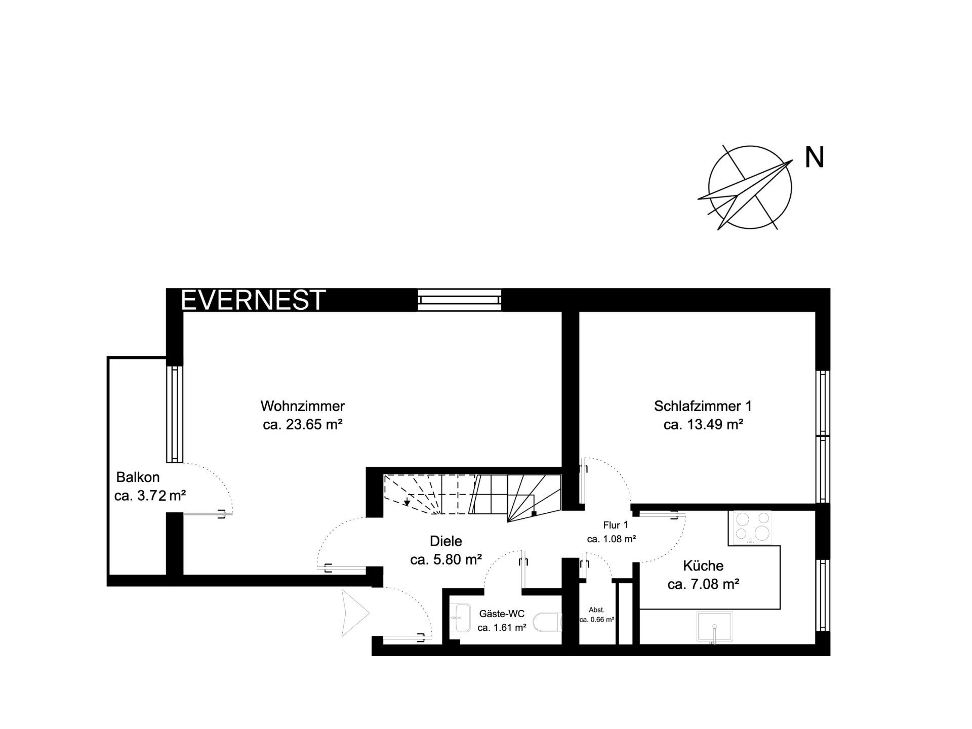 Grundriss mit Wohnzimmer, Schlafzimmer, Küche, Diele, Gäste-WC und Balkon.