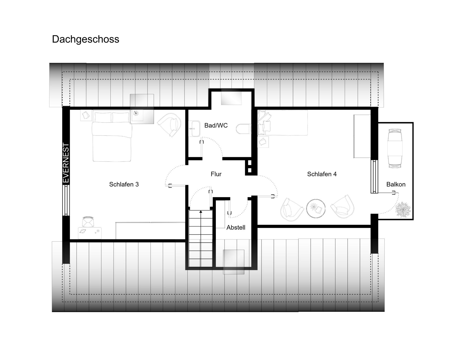 Grundriss des Dachgeschosses mit zwei Schlafzimmern, Bad, Flur, Abstellraum und Balkon.