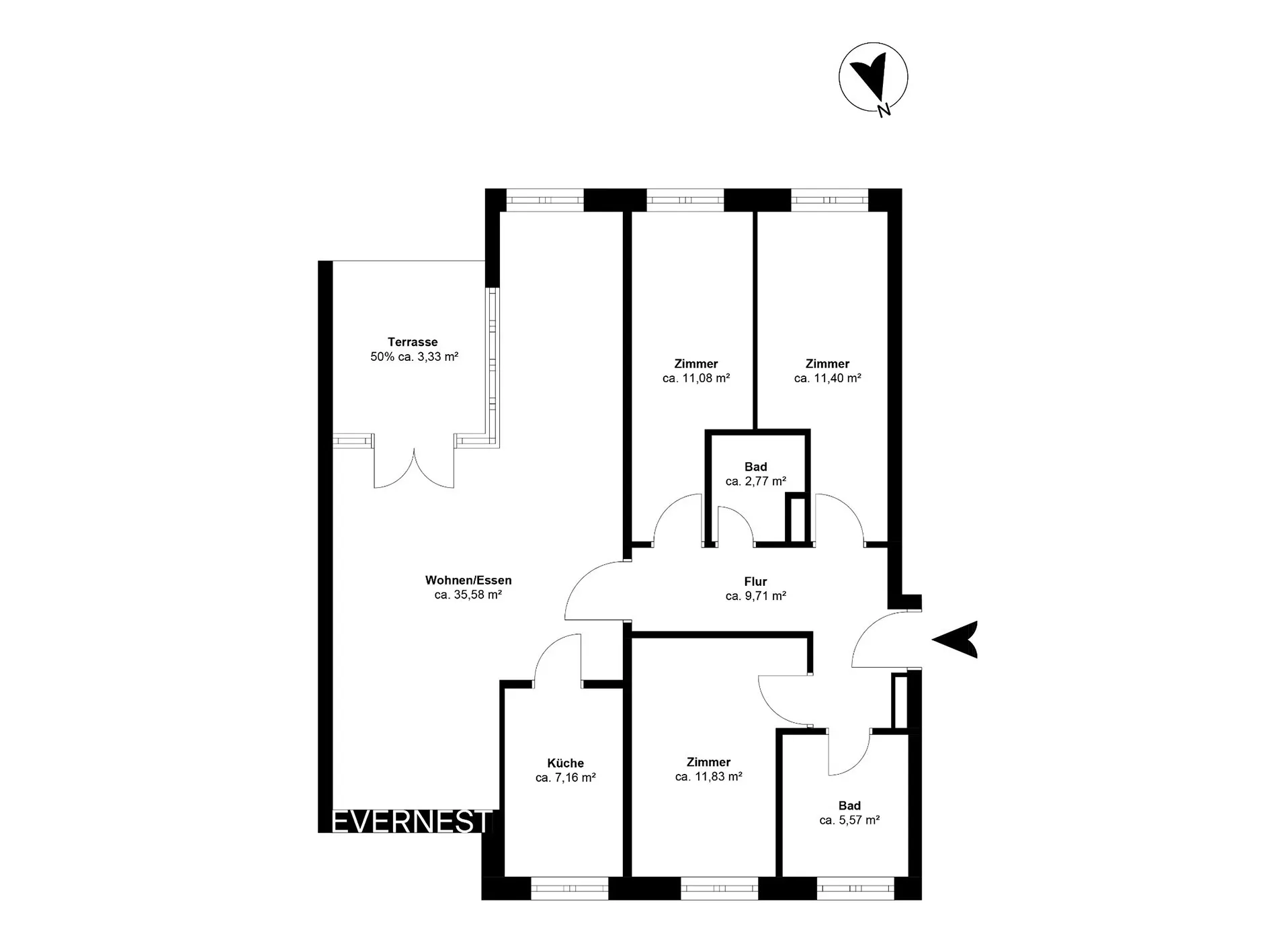 Grundriss einer Wohnung mit Terrasse, Wohnzimmer, Küche, Flur, drei Zimmern und zwei Bädern.