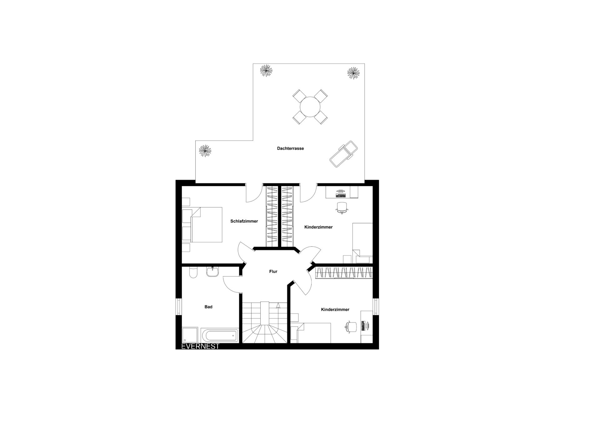 Grundriss mit Schlafzimmer, zwei Kinderzimmern, Bad, Flur und Dachterrasse.